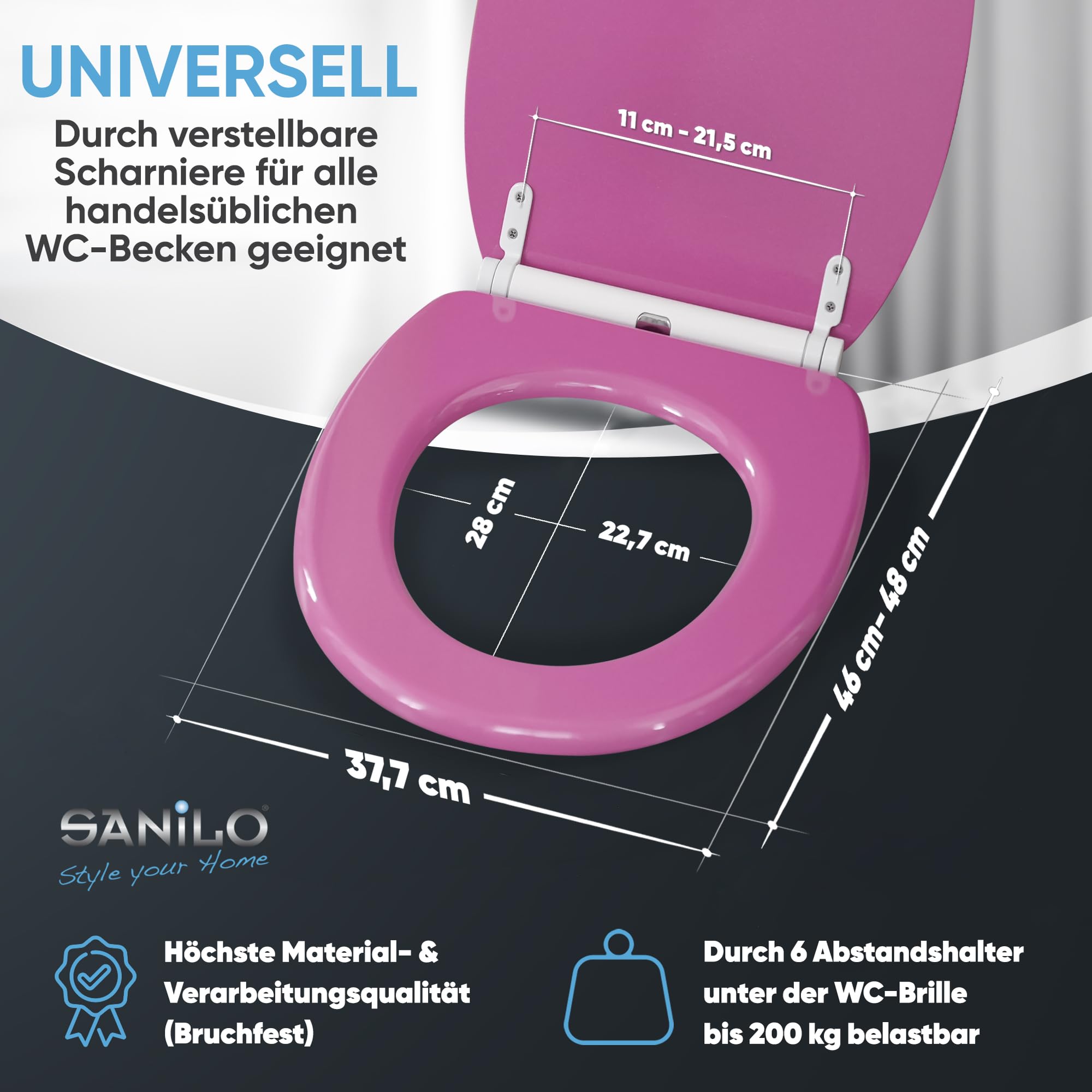 Sanilo WC Sitz mit Absenkautomatik & Schnellverschluss, Toilettendeckel per Knopfdruck abnehmbar, einfache Montage von oben (Glitzer Pink)