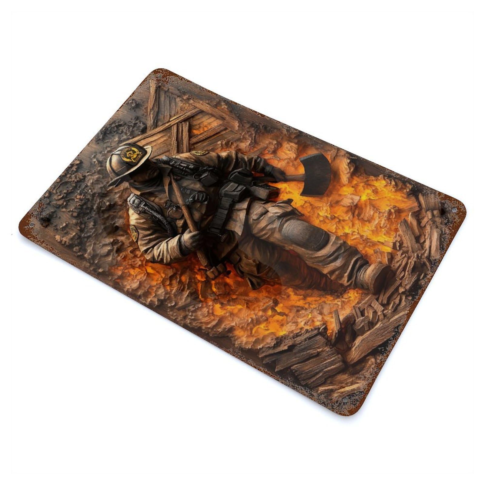 Aged Metal Wall Plaque with Firefighter Fireman Flame Design 11.8"x7.9", for Farmhouse, Kitchen And Entryway Decor, Retro Wall Decor