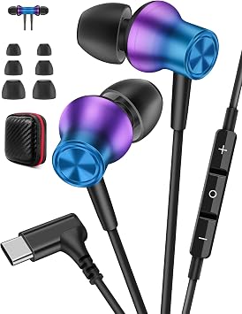 Jiunai USB C Wired Earbuds with Microphone 90 Right Angle Magnetic In-Ear Type C Headphones Hi Fi Stereo USB C Earphone Corded Headset for iPhone 17 16 15 for Samsung S26 S25 for iPad Gradient Purple