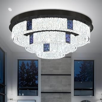 W24 Flush Mount Crystal Chandelier Black Modern LED Ceiling Light Fixture 3 Tier Crystal Chandeliers for Bedrooms Dining Room Living Room Dimmable 3000k-6000k
