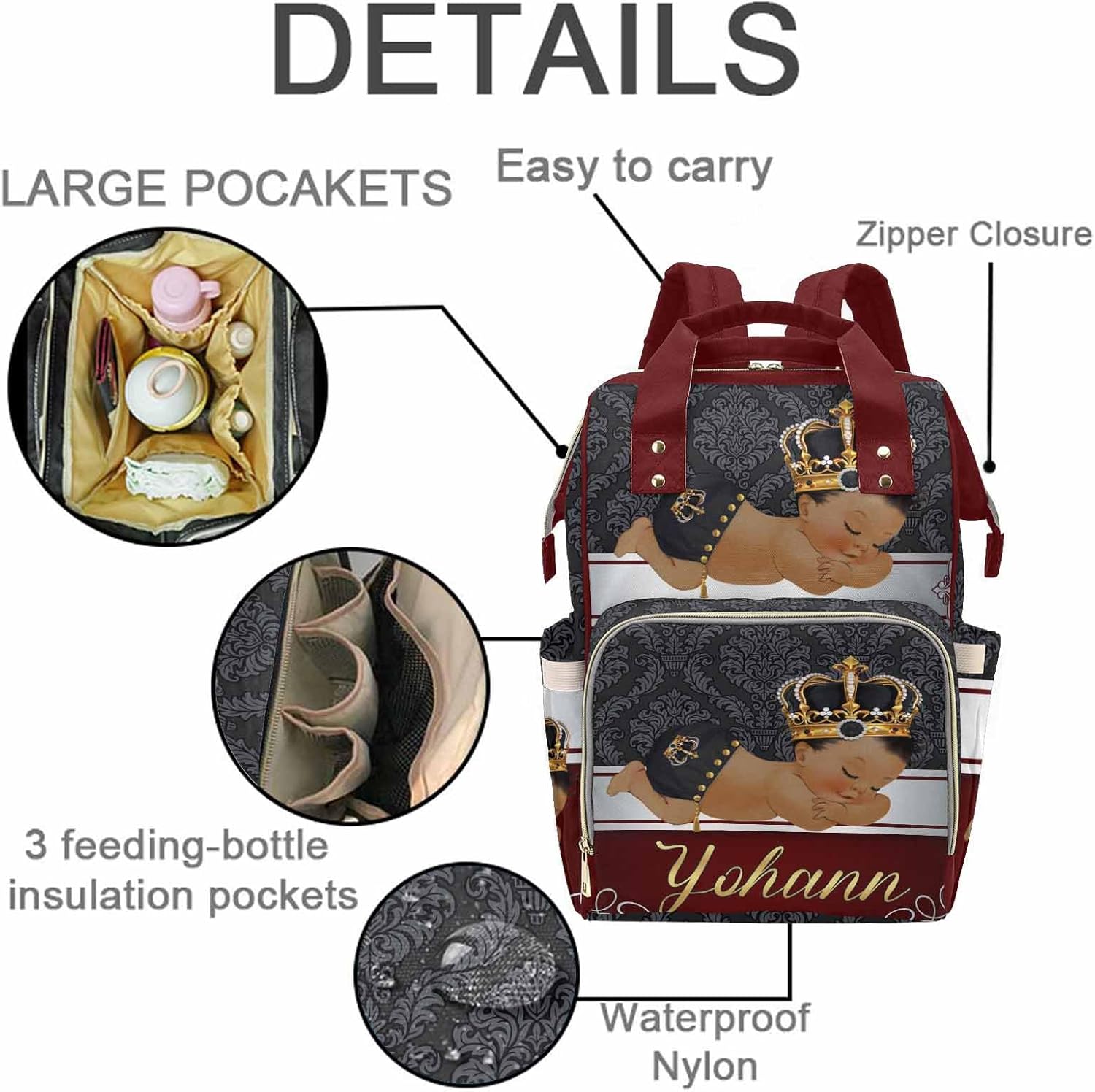 M YESCUSTOM Personalized Baby Diaper Bag, Vintage Red Crown Prince Backpack, Waterproof, Large Capacity, Nappy Bag