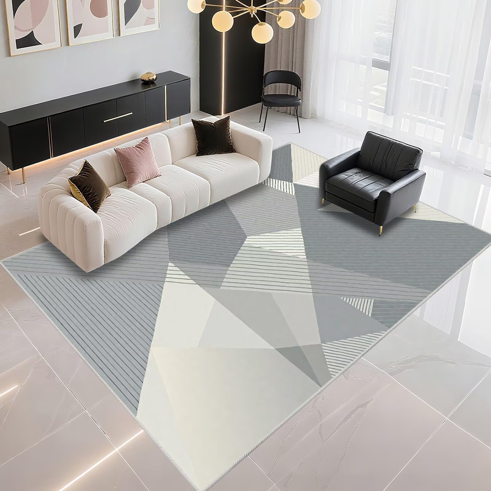Tapis de salon géométrique moderne 120x140cm gris-bleu haute résistance