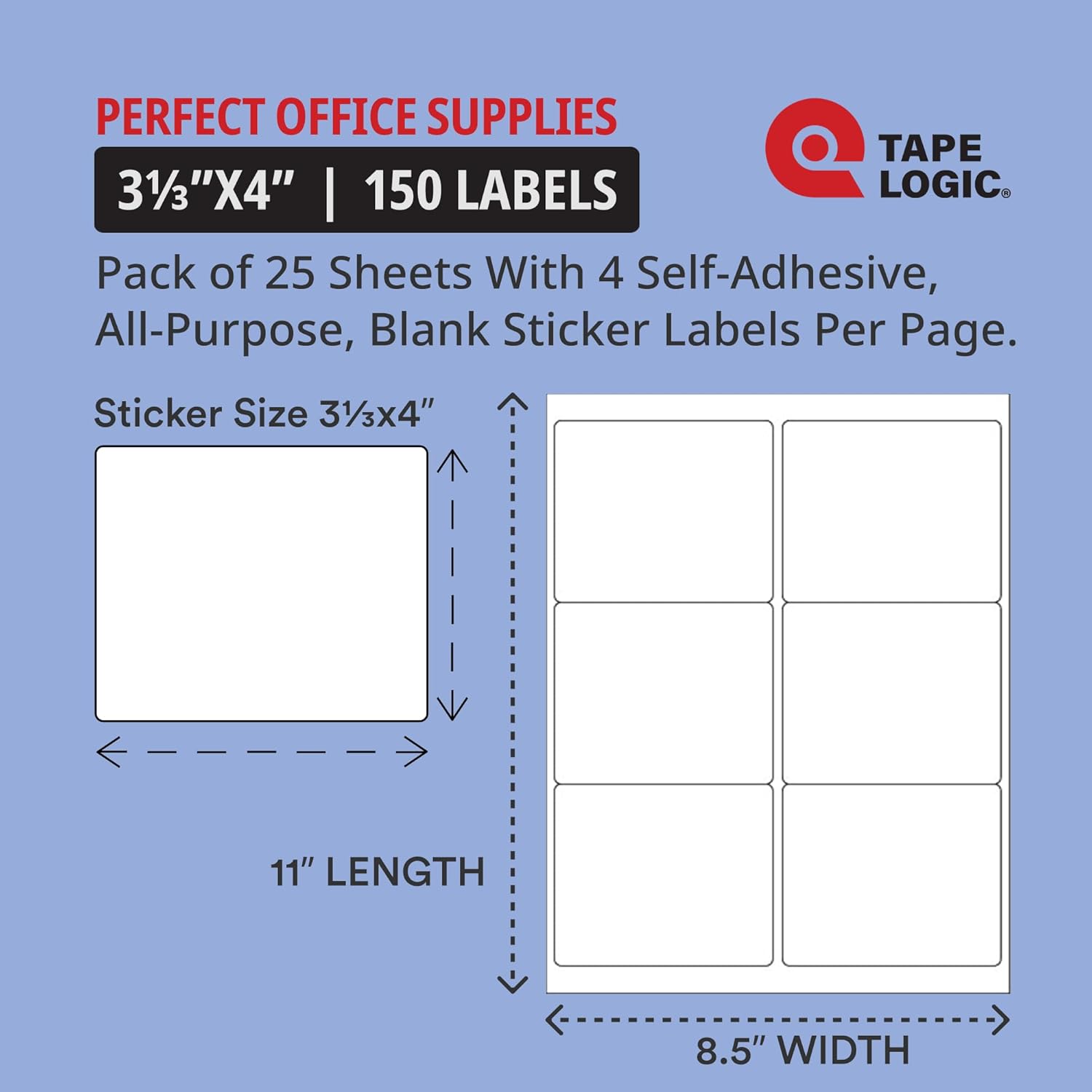 TAPE LOGIC Printable Self-Adhesive 3 ⅓” x 4” White Laser Labels (25 Sheets of 6) | 150 All Purpose Blank Sticker Label, Office & Personal Supplies for Address Shipping & Mailing