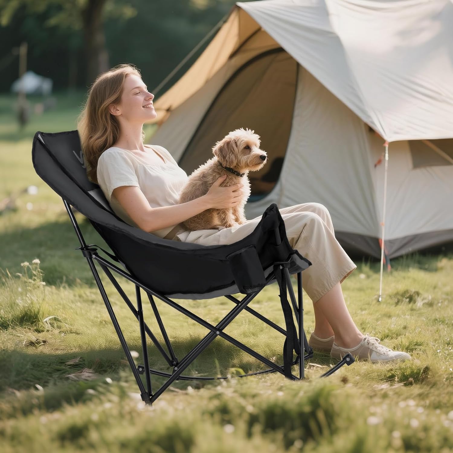 NAIZEA Folding Rocking Camping Chair, Portable Outdoor Rocker with Cooler Bag - 400lbs Capacity, 600D Oxford Fabric, Easy Fold Padded Rocker Chair for Patio, Lawn, Camping, Backyard, Beach