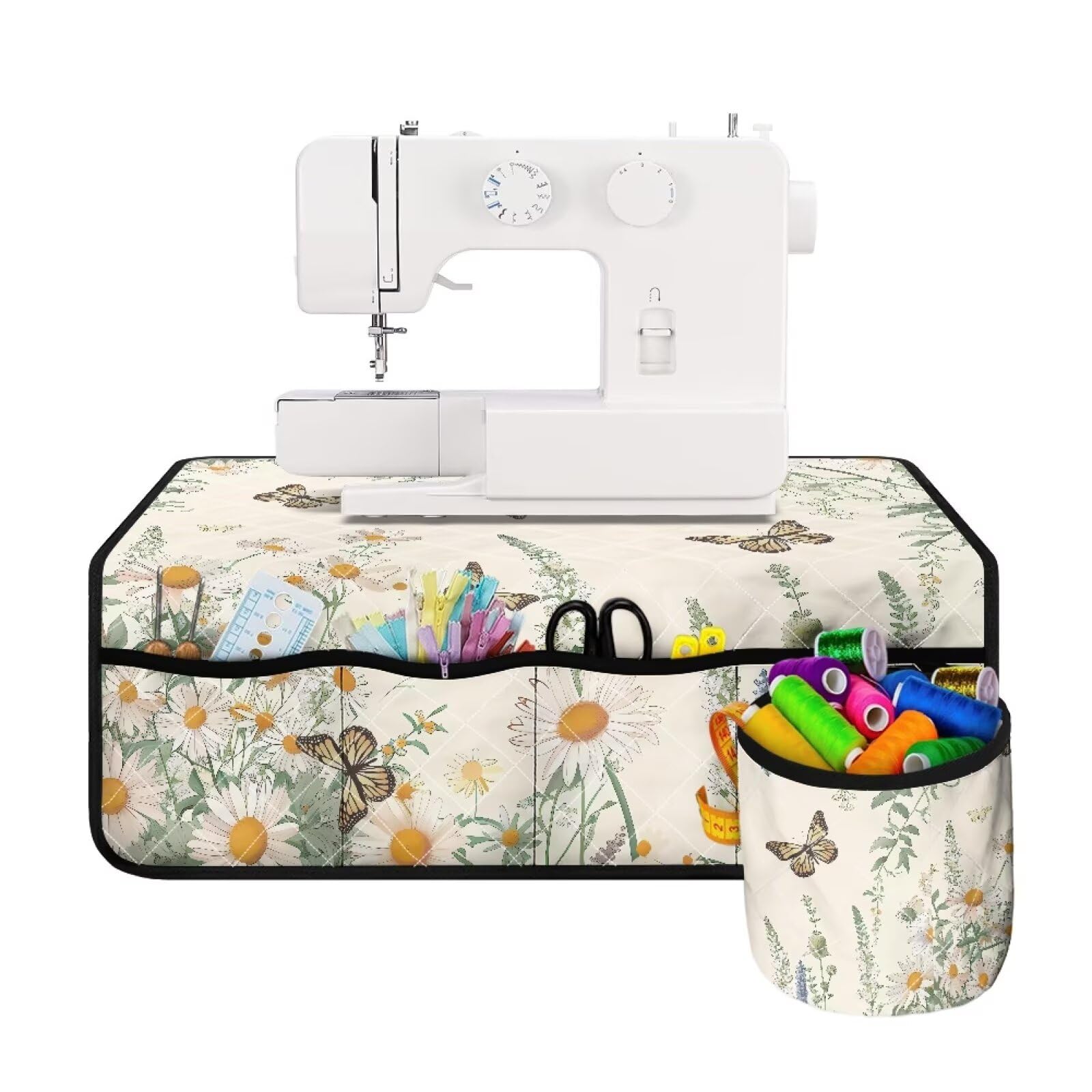 Butterfly and Daisy Sewing Machine Mats for Table with Pocket with Storage Reduce Vibration Pad Organizer for Most Sewing Machines Sew Machine Table Muffling Mats