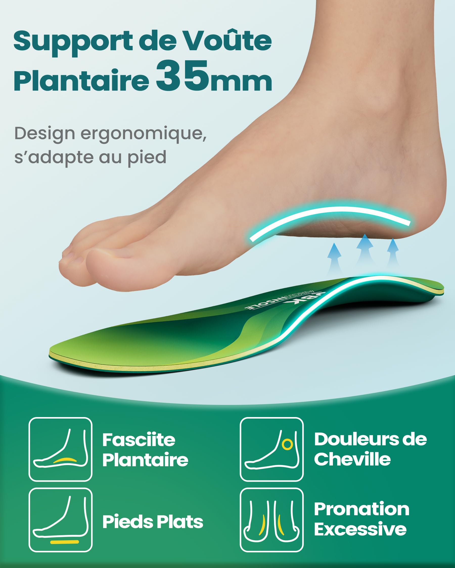 Semelles de soutien QBK pour la fasciite plantaire Semelles rembourrées pour chaussures pour la tendinite d'Achille Pieds plats Métatarsalgie Voûte plantaire élevée 3XL