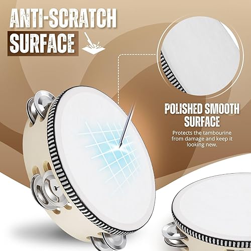 Miniatura 71 de Flexzion Pandereta redonda de madera para niños y adultos de 10 pulgadas de una sola fila, 8 pares de jingles, instrumento de percusión de mano rojo