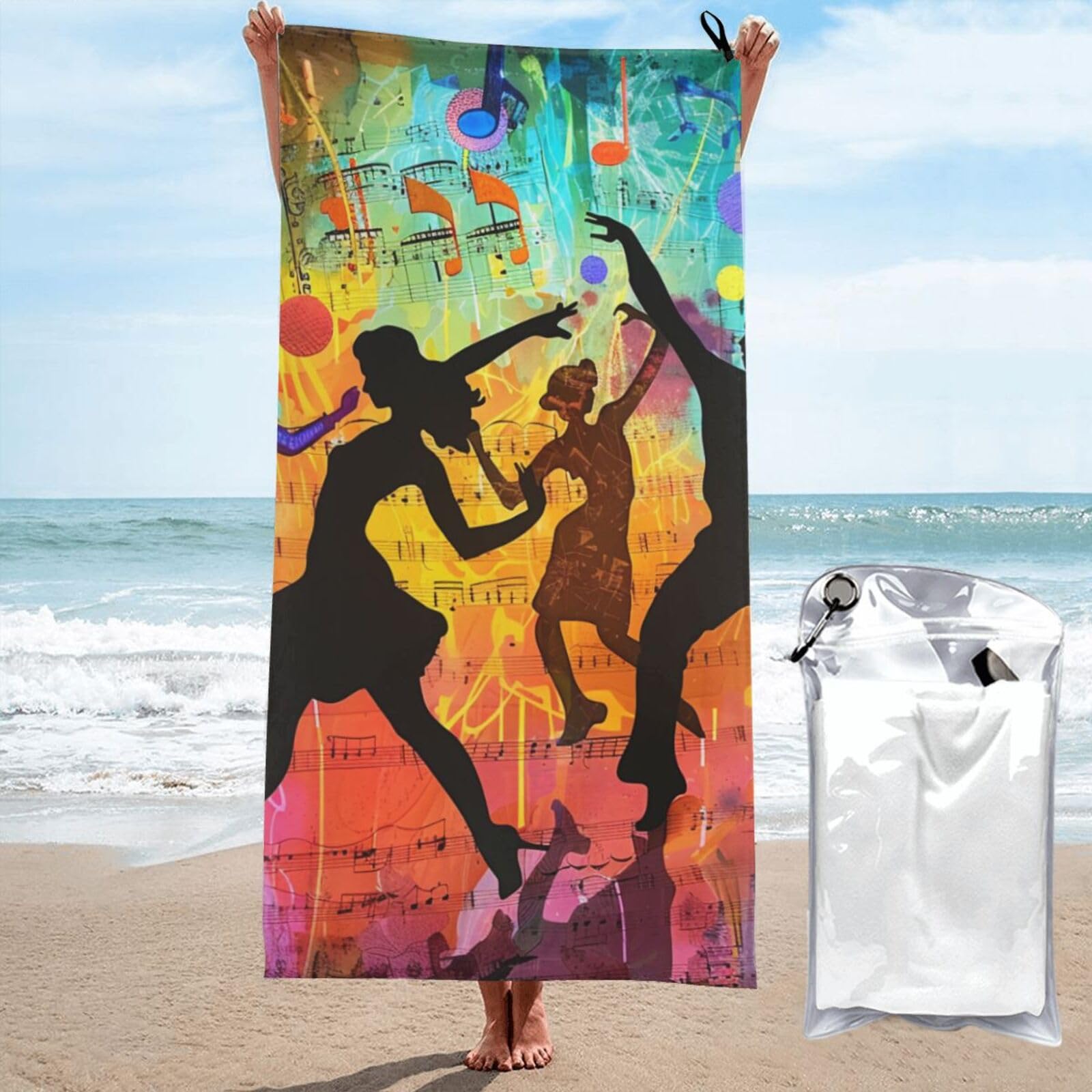 BWWHCCTI Dance With Music Printed Microfiber Quick Dry Beach Towel 80x160 CM, Fast Drying Bath Towels with Bags for Travel,Camping,Gym,Beach,Swimming,Yoga