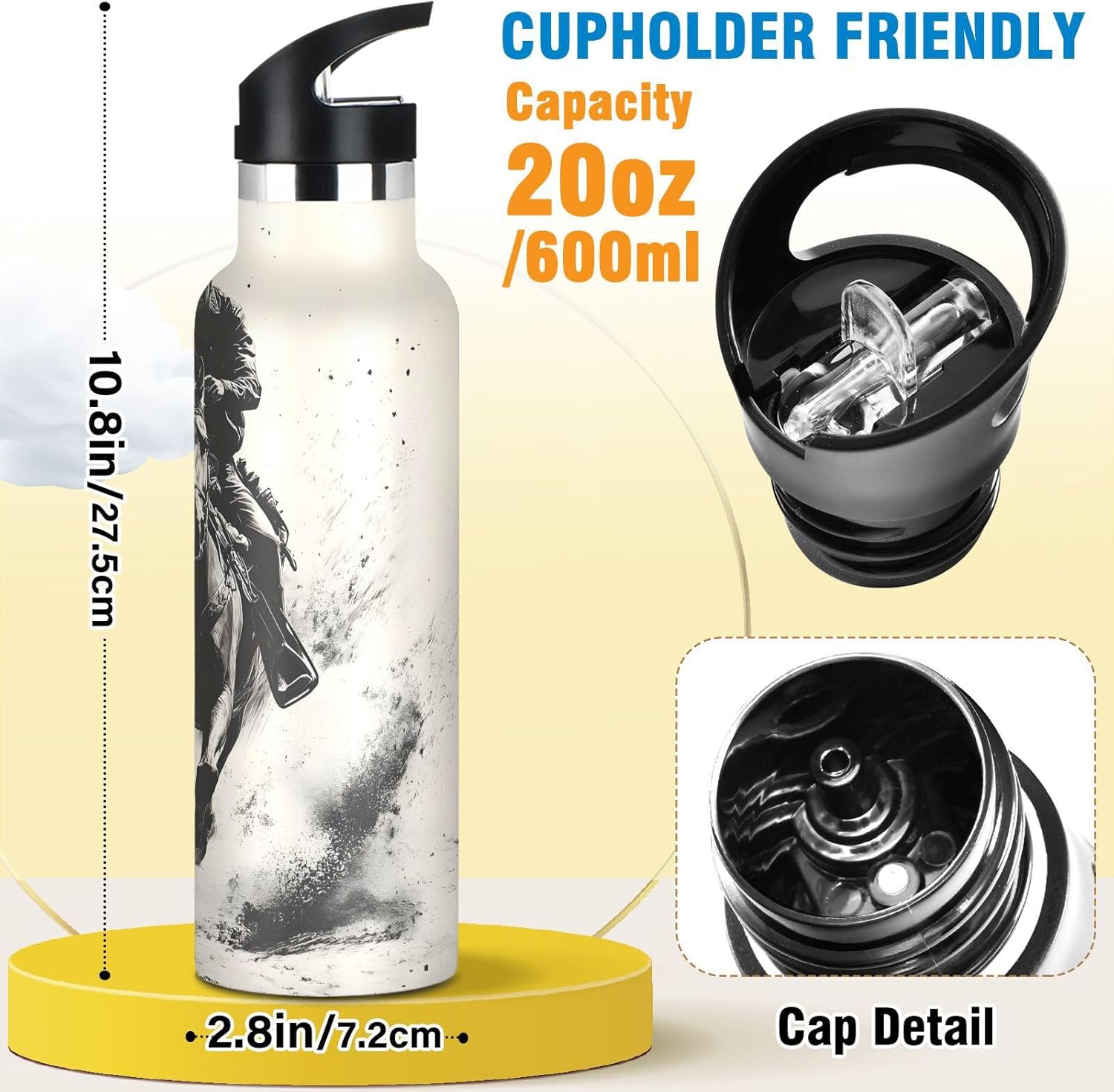 Western Cowboy Insulate Water Bottle for Kid BPA Free 20 oz Stainless Steel Water Bottle with Leakproof Straw Lid Reusable Vacuum Double Wall Travel Bottle