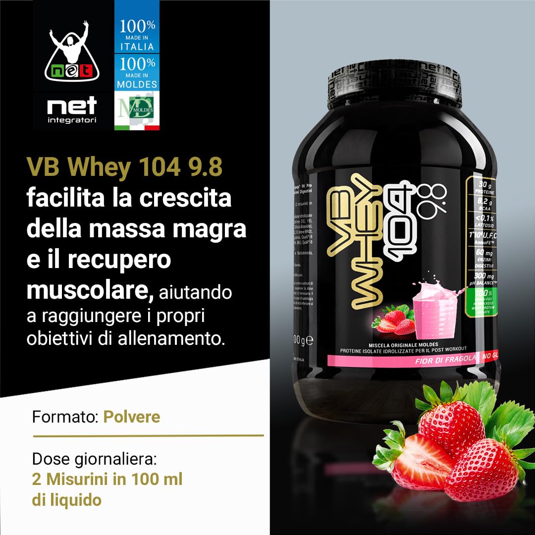 NET Integratori VB WHEY 104 9.8 Optipep - 900g Fior Di Fragola - Proteine Isolate Idrolizzate per via Enzimatica Con EAA e BCAA - Massimizza Sintesi Proteica, Crescita e Mantenimento Muscolare