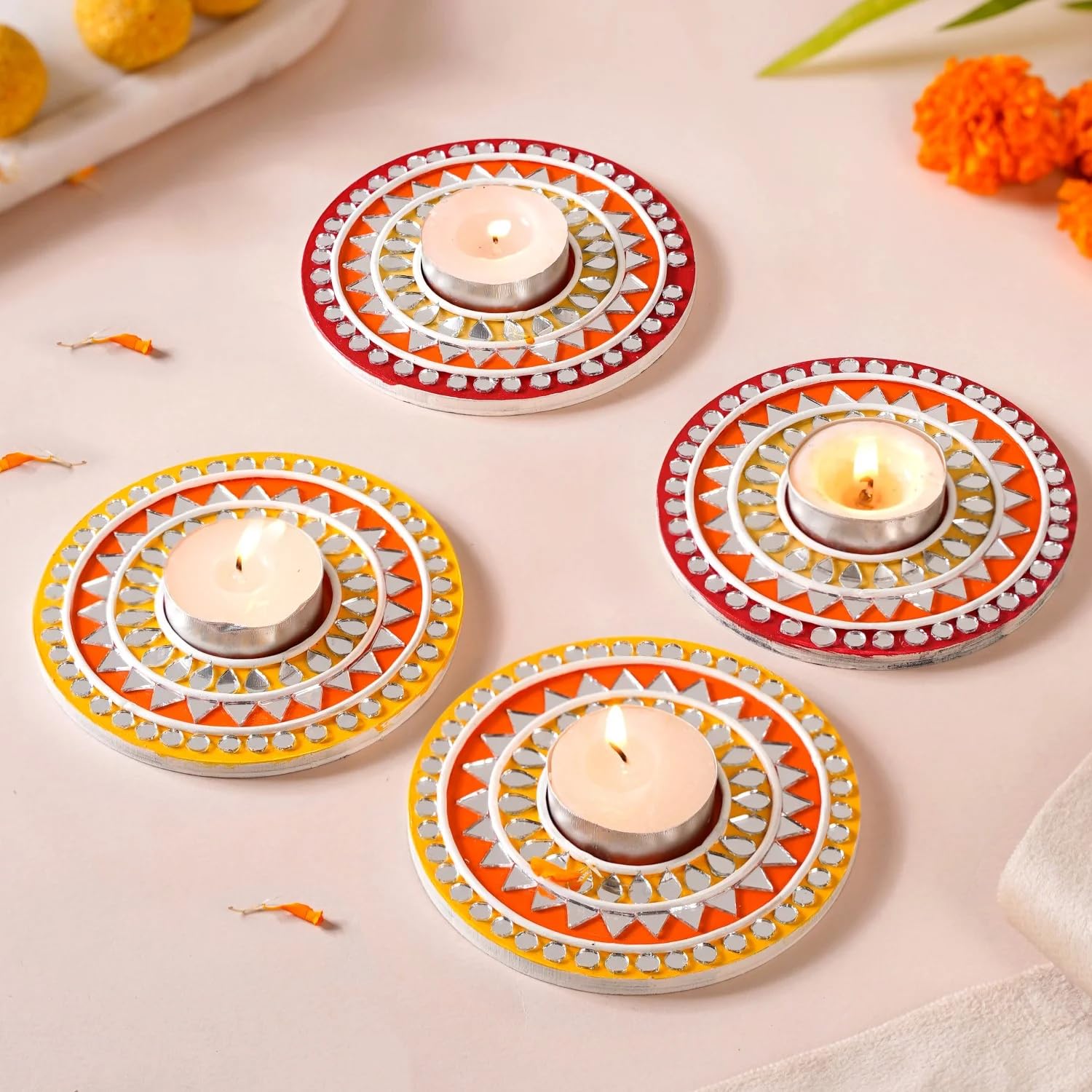 Mannikin Tealight Candle Holder, Handcrafted Lippan Art with Mirror Work, Round, Set of 4, 10.3 cm, Diwali Home Decoration Red and Yellow for Home Decoration, Small Diya Christams Diya-image-41