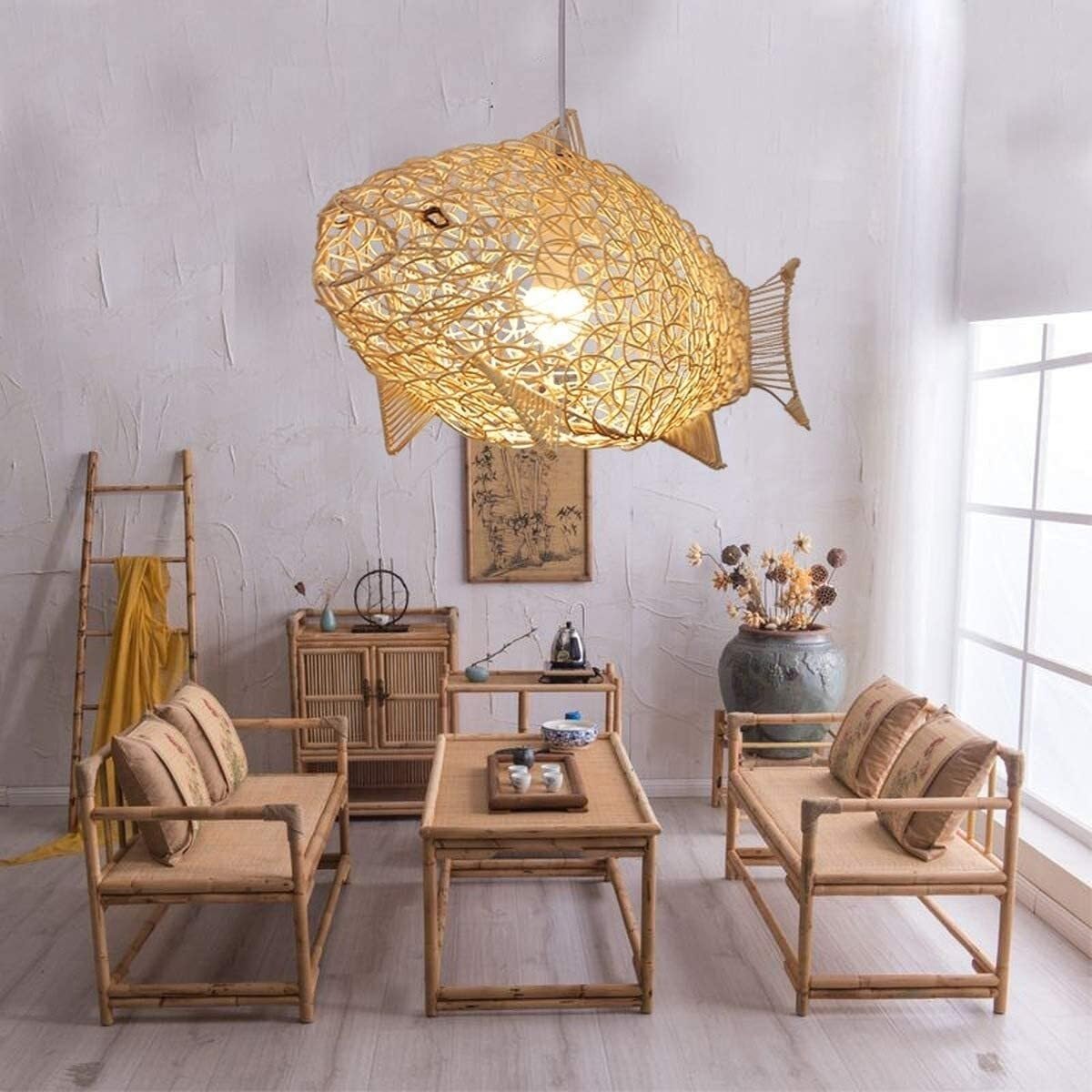 BLOOHK Fish-Shaped Lantern Wicker Ceiling Hanging Light Rattan Woven Chandelier Drop Lights Dining Room Living Room Restaurant Lighting