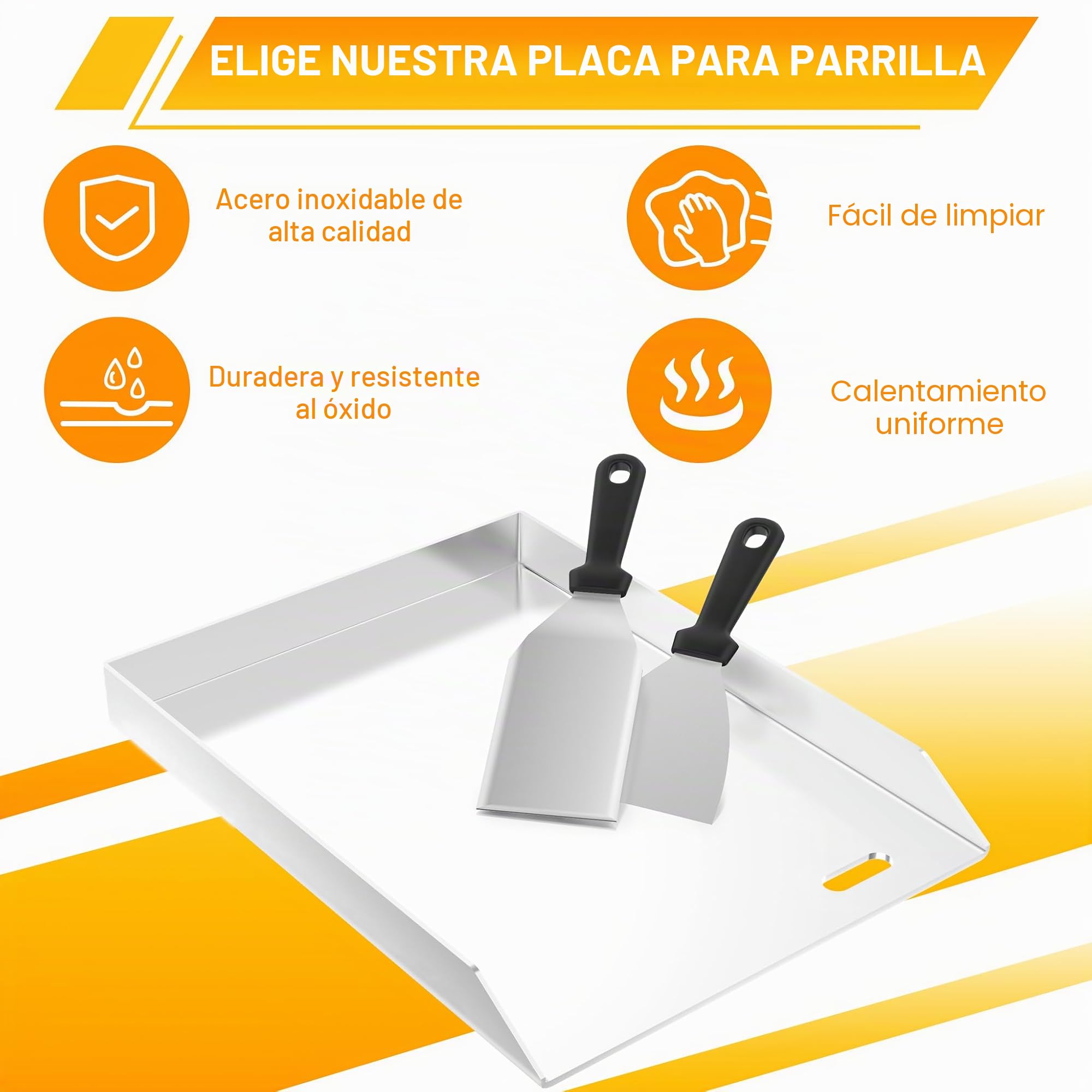 Froadp Plancha de acero inoxidable, 30 x 40 x 4 cm, universal, con canaleta de aceite, plancha para barbacoa de gas y carbón, accesorios para barbacoa, incluye 2 espátulas
