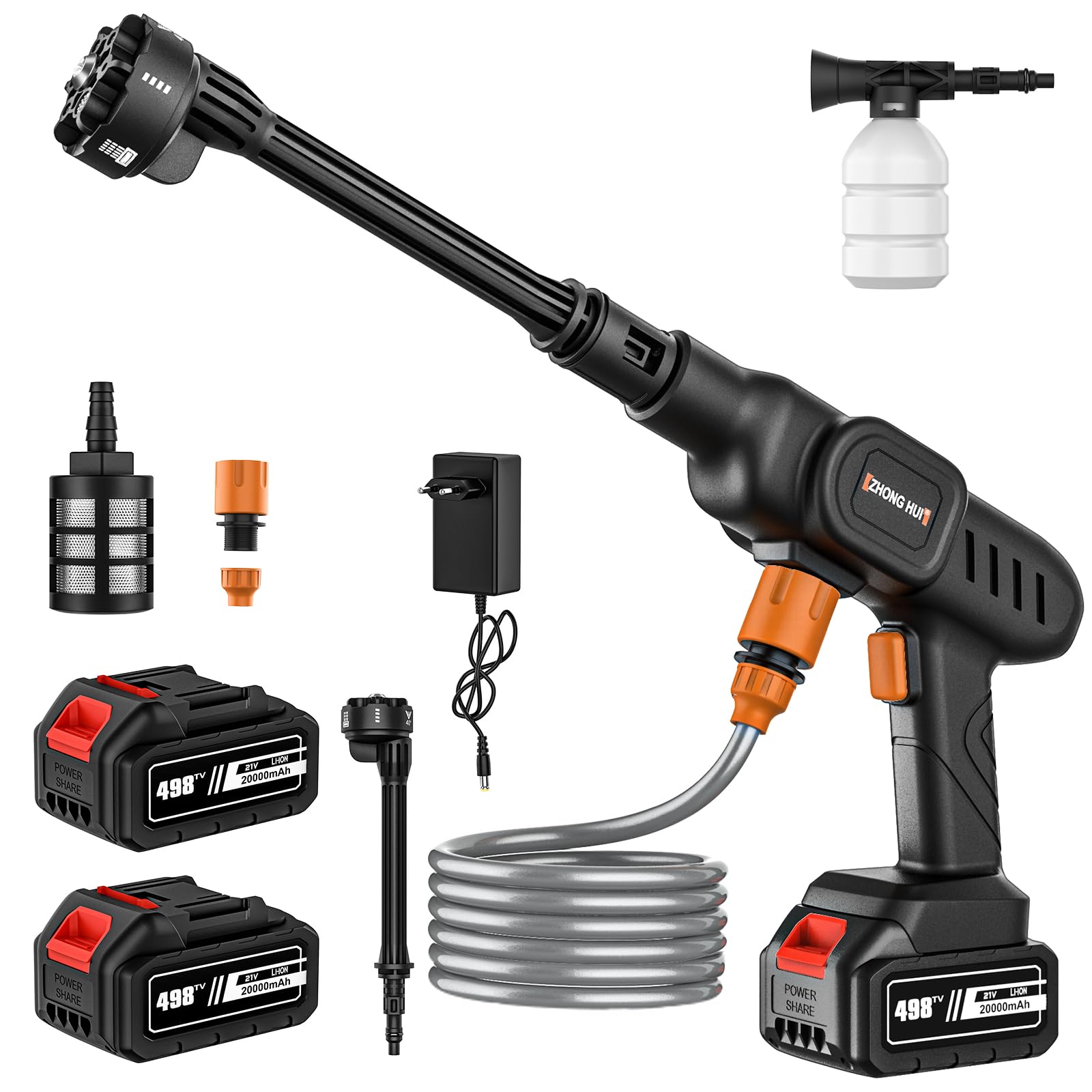 Hidrolimpiadora Bateria 50Bar, Pistola de Agua a presión con 2×40000 mAh Baterías, Boquilla 6 en 1 y Manguera 5m, Limpiador Agua Presion Bateria para Limpiar Coche, Terraza, Jardín