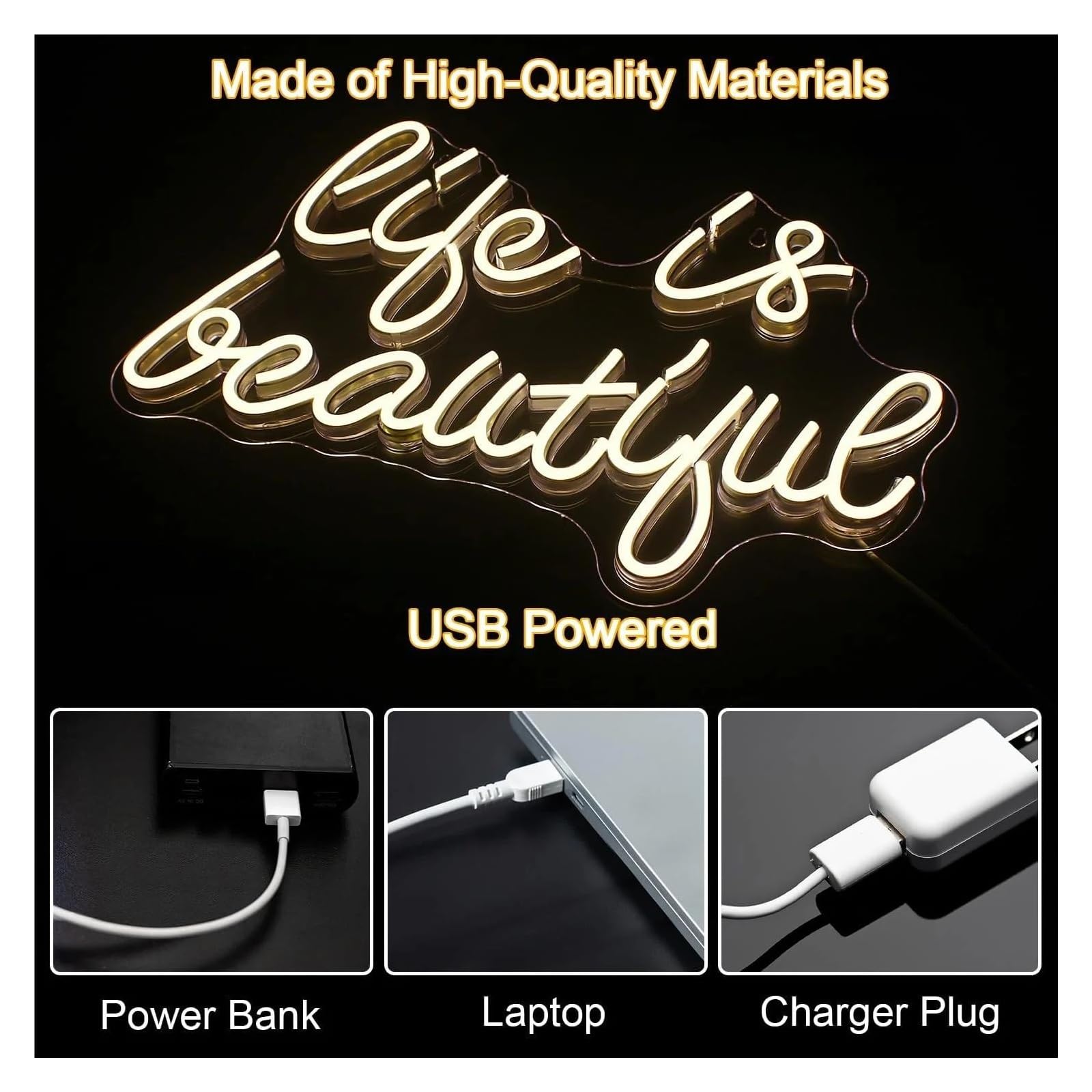 Decoración Lámparas Letrero De Neón Life Is Beautiful Para Decoración De Pared, Luz LED Con Letras Para Dormitorio, Sala De Estar, Colgante, Alimentado Por USB, 40cm×25cm
