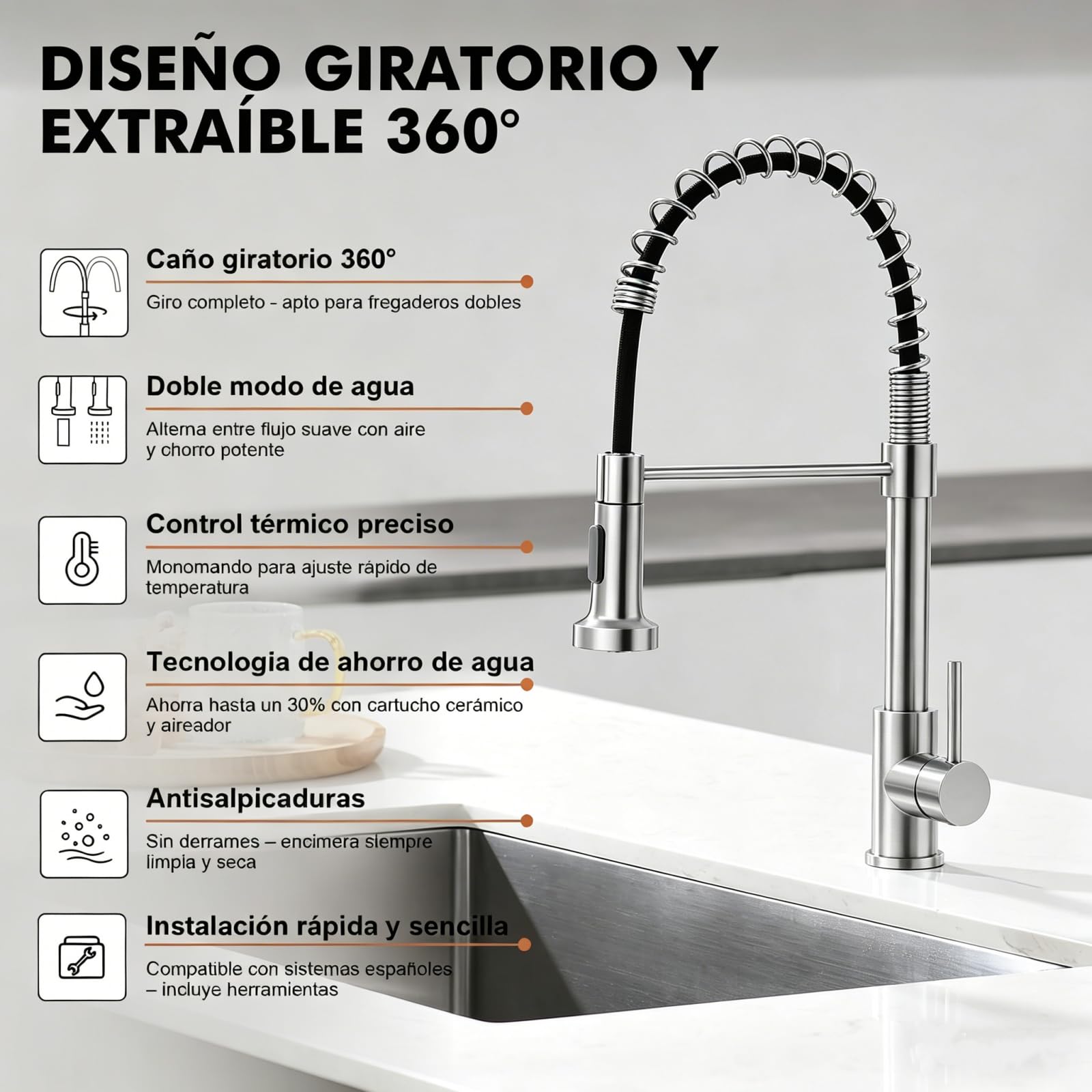 Ibergrif Grifo Cocina Extraible con Muelle, Flexible 360° Rotatoria, 2 Modos de Chorro, Torneira Cozinha Agua Fría y Caliente, Montaje de Un Solo Orificio, Fácil Instalación
