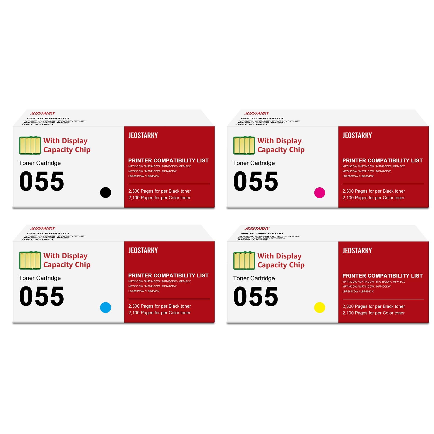 Jeostarky Remanufactured for Canon 055 055H with Display Capacity Chip Replacement for Canon 055 Toner Cartridge Set for Canon Color ImageClass MF743Cdw MF741Cdw MF745Cdw MF746Cdw Printer (4 Pcak)