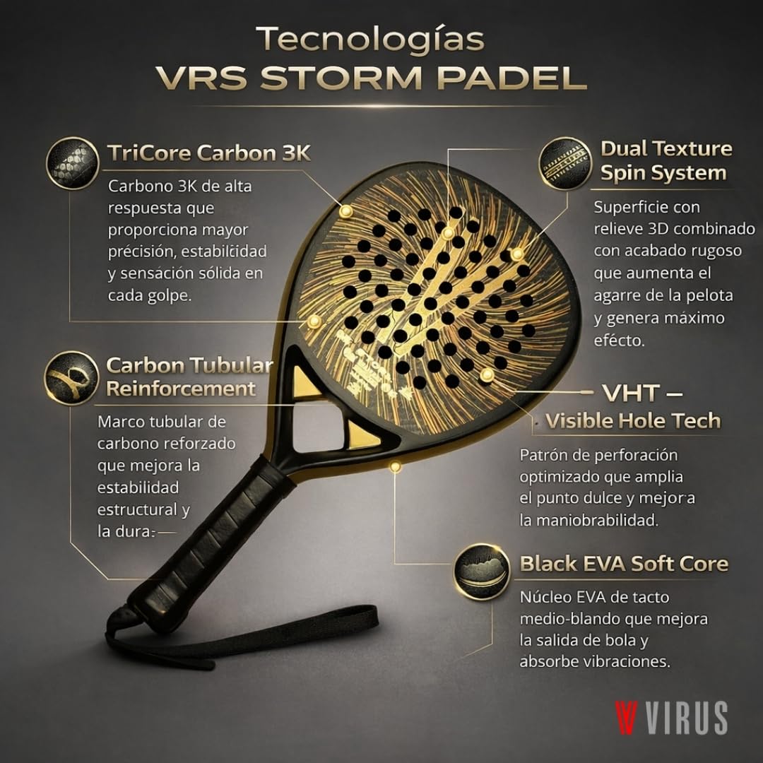 VIRUS Storm | Pala de Pádel Carbono 3K | Control y Potencia | Nivel Intermedio-Avanzado | Punto Dulce Ampliado | Funda Térmica