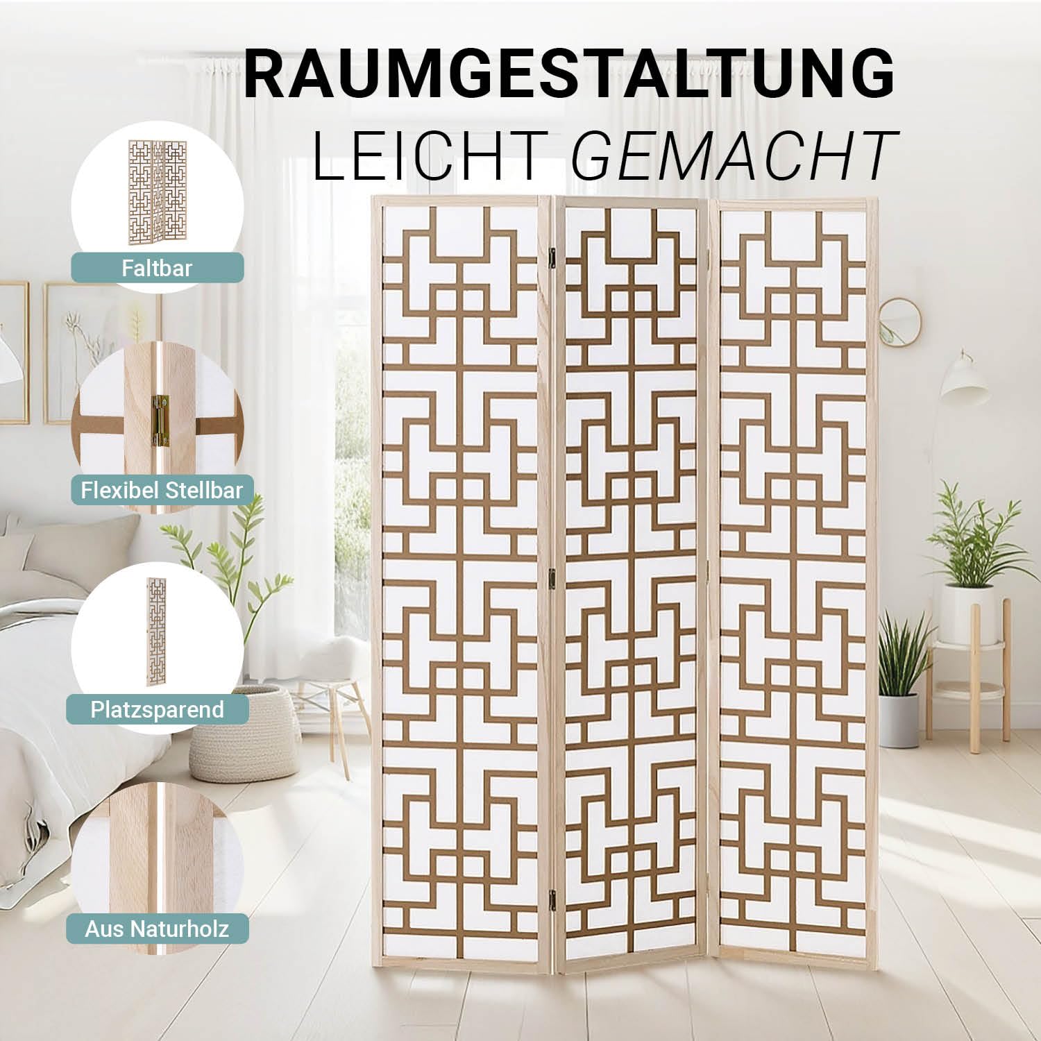 Homestyle4u Shoji 3036 Paravent, 3 pièces, en bois, naturel, brise-vue, indépendant, 120 x 170 cm