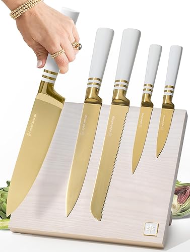 Juego de cuchillos blancos y dorados con bloque, juego de 6 cuchillos de cocina blancos y dorados con soporte magnético para cuchillos, incluye