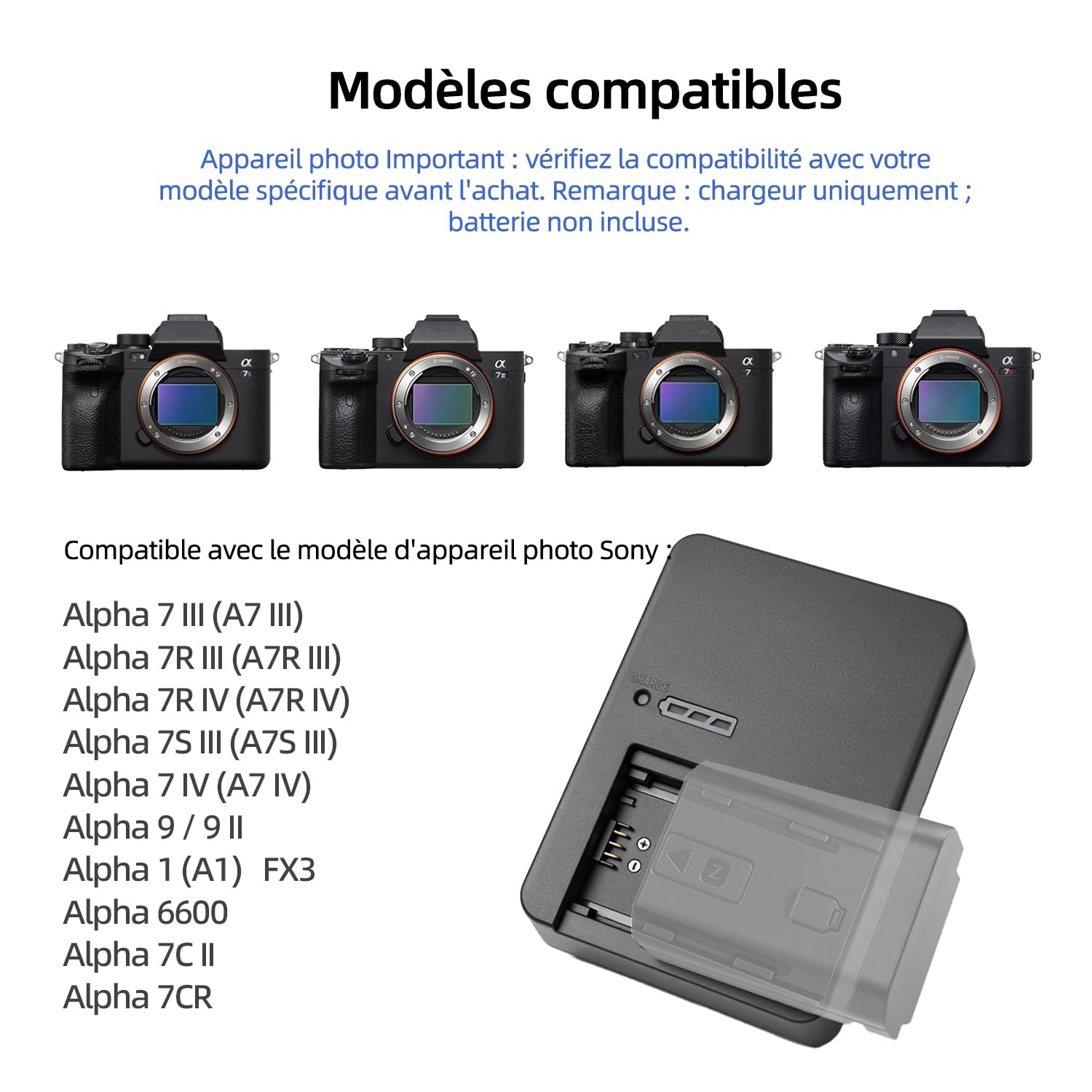 NP-FZ100 BC-QZ1 Chargeur Batterie Applicable à np-fz100 Batterie Compatible avec Sony ZV-E10II, A9 II, A7 III, A7 IV, A7R III/A7R3, A7R IV, A7R V, A7C, A7S III/A7S3, A9, A6600, A9R, 9S, FX3