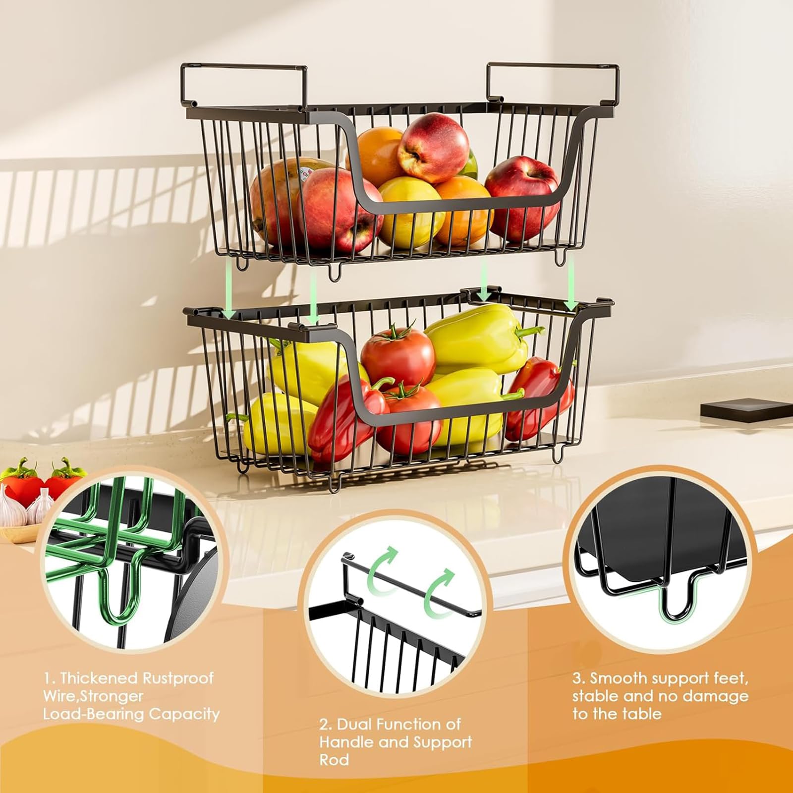 Paquete de 4 contenedores de almacenamiento apilables de metal para organización de refrigerador y productos agrícolas de encimera