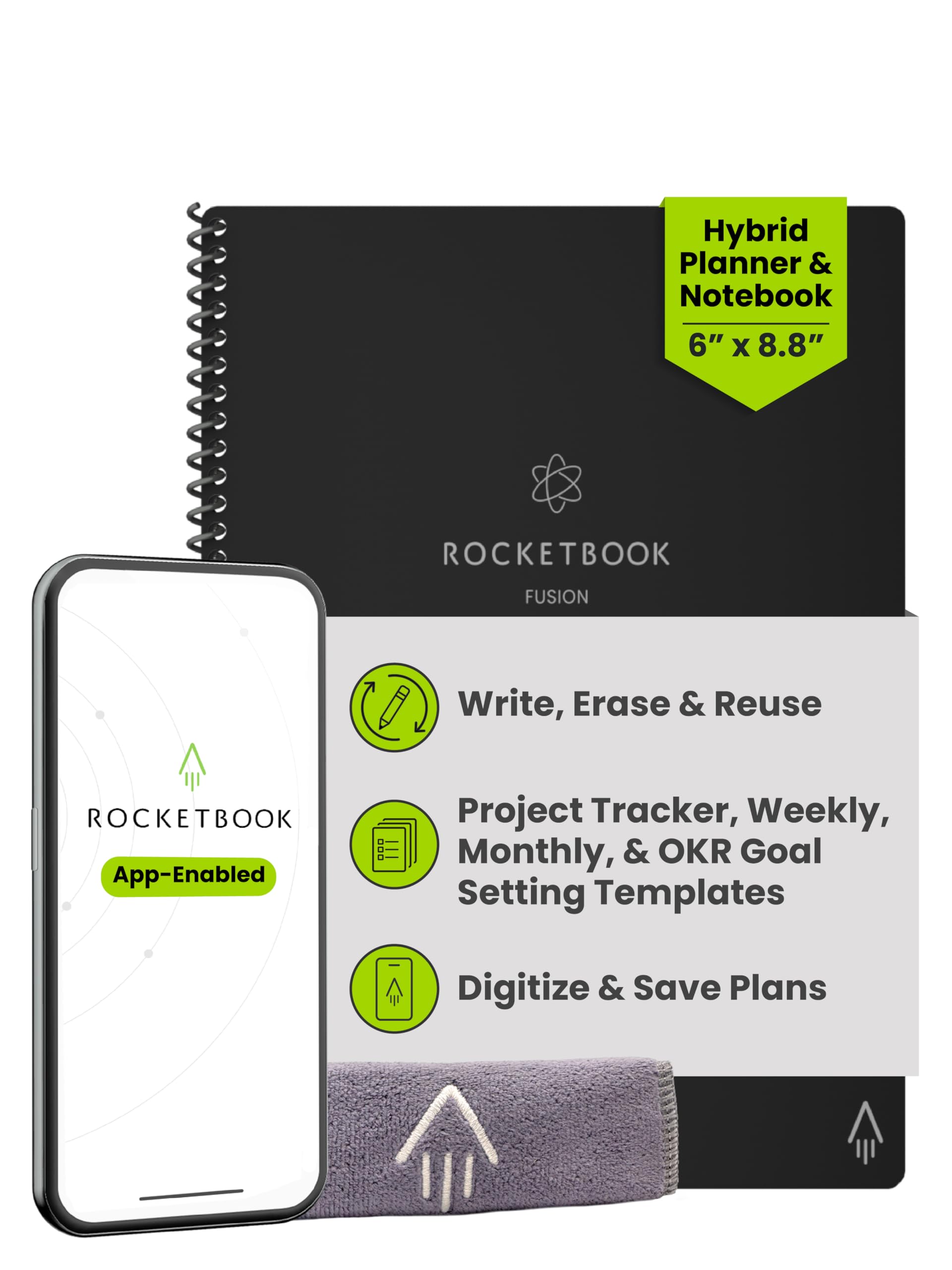 Fusion Hybrid Reusable Planner and Notebook in One, Additional Blank Pages, Goal and Project Tracker, Undated Planner, Executive Size 6x8.8, Black (Pack of 1)