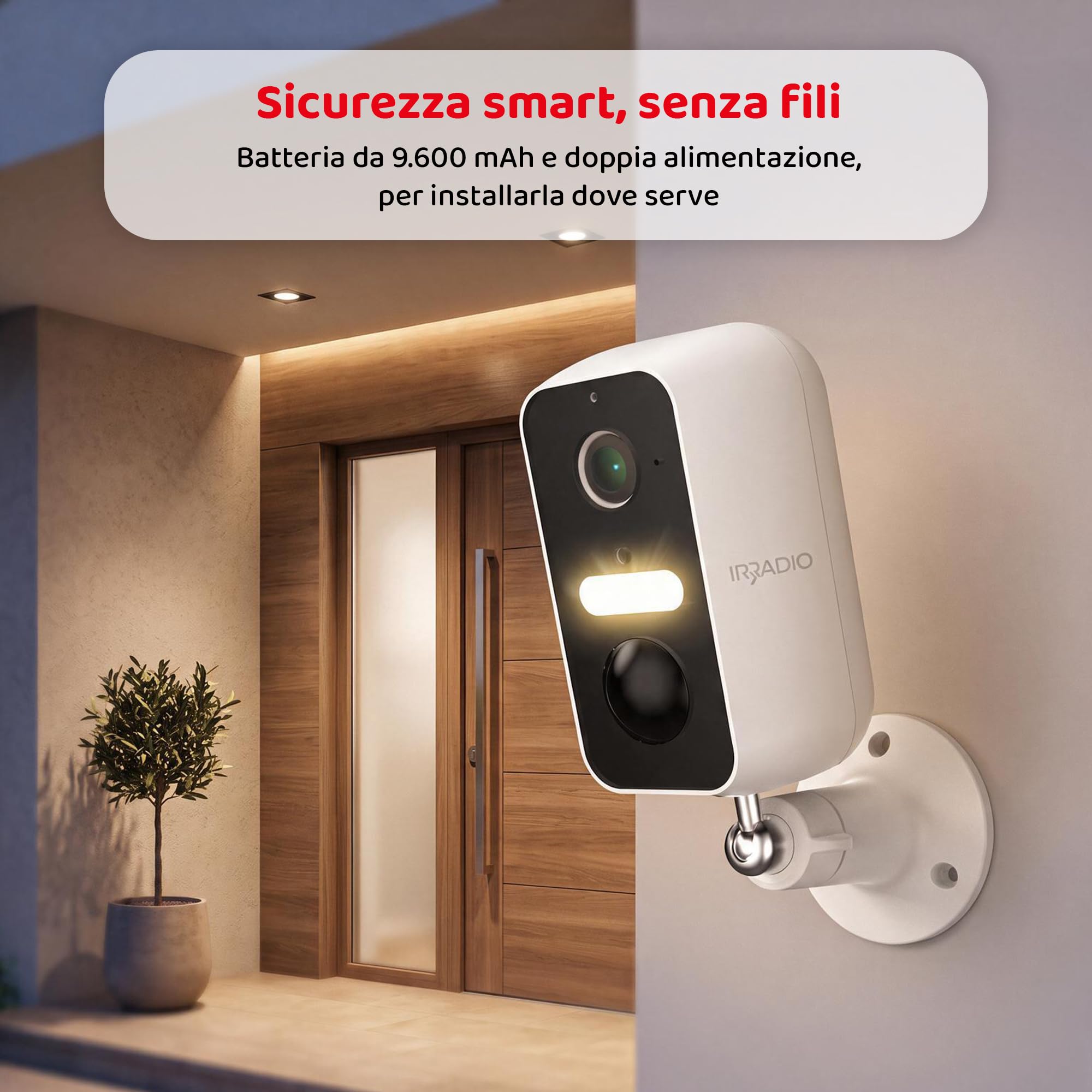 IRRADIO | Telecamera WiFi da Esterno e Interno a Batteria, 3MP, Telecamera di Sicurezza Smart WiFi con Sensore PIR e AI Rilevamento Umano, Visione Notturna, Compatibile Alexa e Google Home