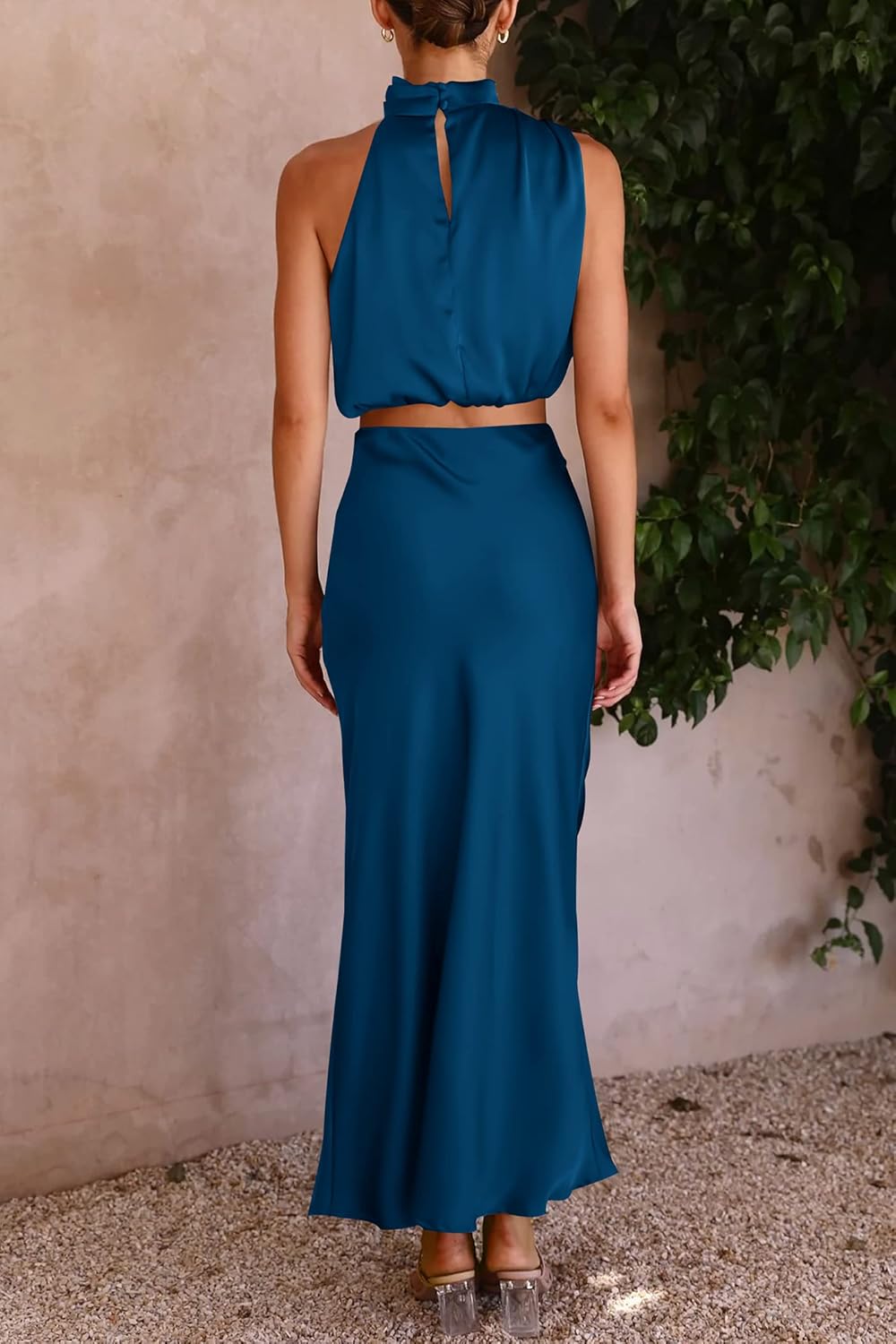 PRETTYGARDEN Women's 2 Piece Satin Outfits Summer Sleeveless Mock Neck Crop Tops and Long Skirt Dress Sets - Image 4