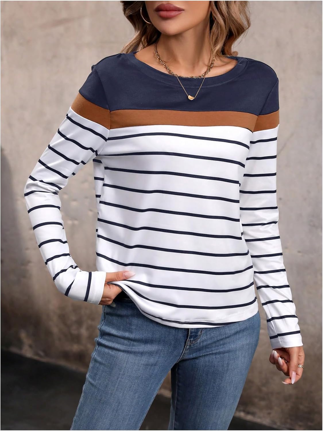WDIRARA Women's Striped Long Sleeve T Shirts Color Block Crew Neck Tee Tops - Image 2