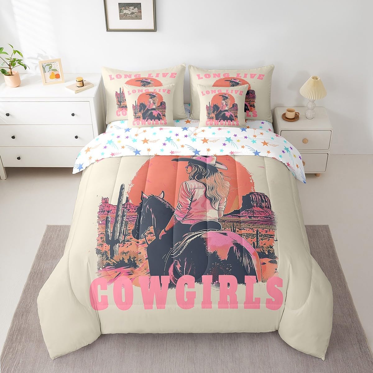 Feelyou Boys Girls Cowgirl Bed in A Bag Twin Size, Western 7 Pieces Bedding Set Wild West Cowboy Comforter Set with Sheets Kids Cactus Teens Bed Set Bedroom Decor 7Pcs