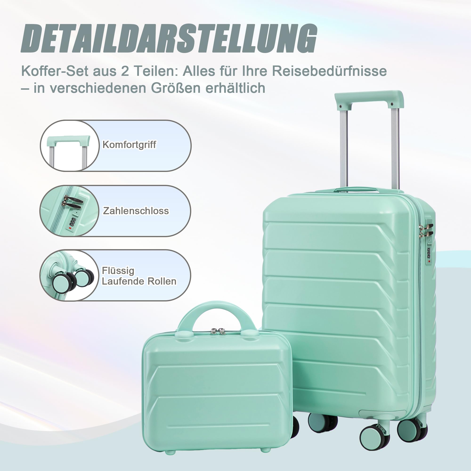 Hartschalen-Koffer Trolley Handgepäck Rollkoffer, Reisekoffer Set mit 4 Rollen, 2er Gepäckset Mintgrün