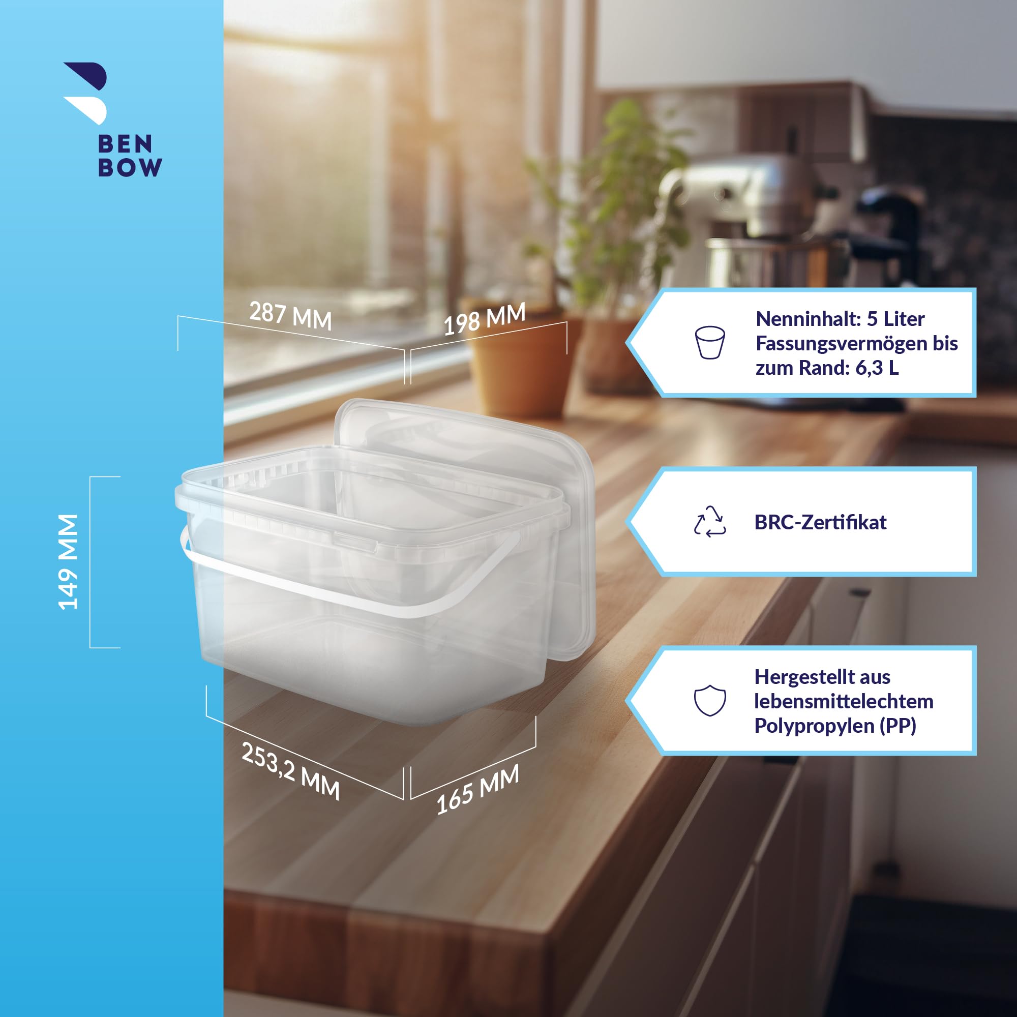 BenBow Rechteckiger Eimer mit Deckel 1000x 5l transparent - lebensmittelecht, stapelbare Kunststoffbox mit Henkel - luftdicht, auslaufsicher, geruchsneutral, ideal für Haushalt und Gewerbe - leer