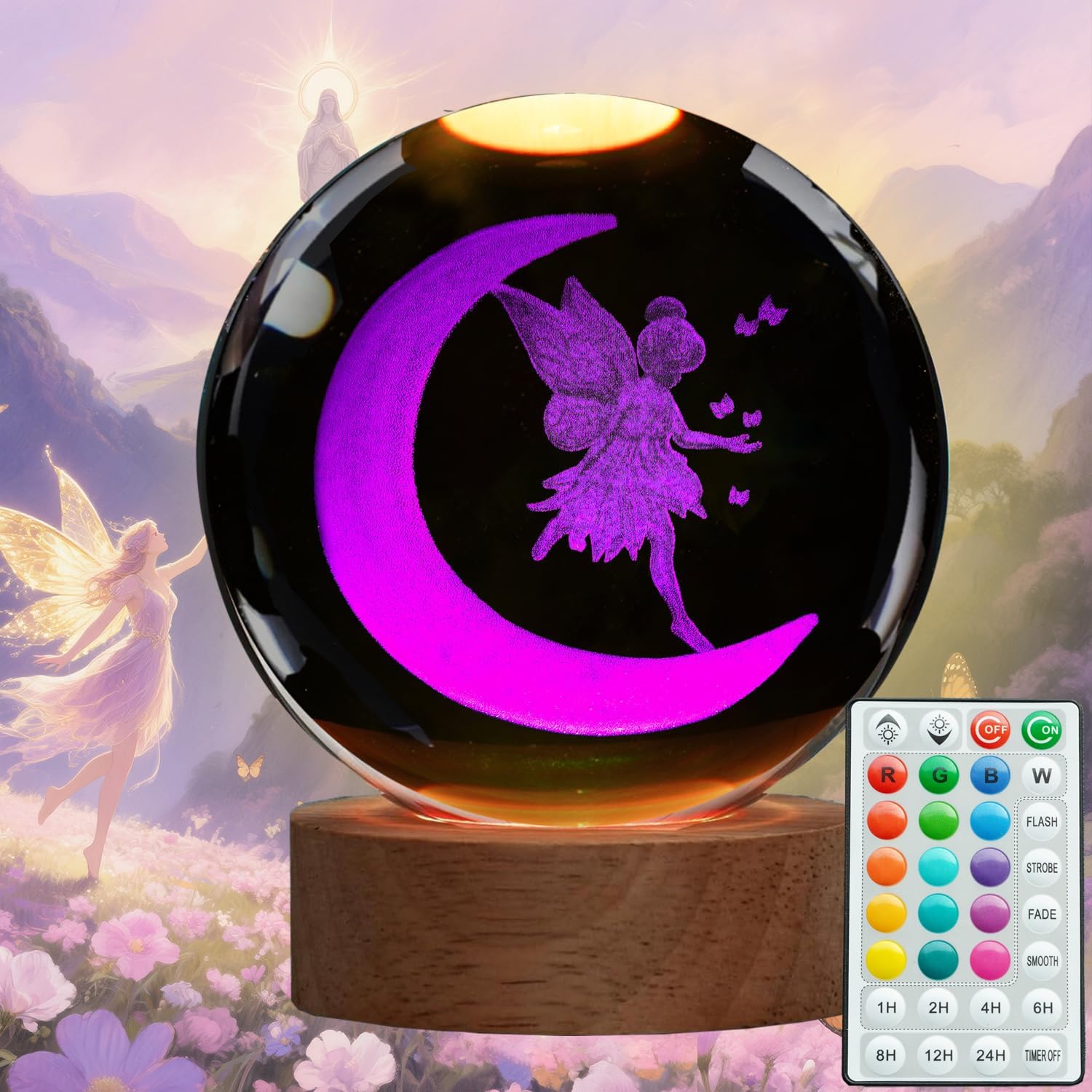 Posshe Boys Purple Moon Fairy Night Light, Tooth Fairy Gifts, K9 3.15 Inch (80Mm) Crystal Ball Lamp With 16 Colors Remote Upgraded Lamp For Birthday Xmas Cool Fairygirl Figurines Gifts For Room Decor Girls
