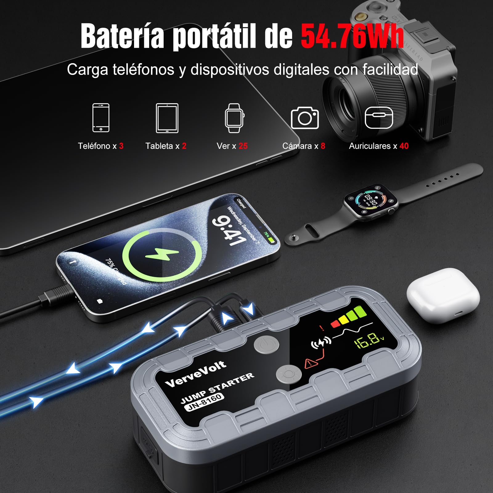 𝟲𝟭% 𝟬𝗙𝗙 𝟭𝟬𝟬𝟬𝟬𝗔 Arrancador de Baterias de Coche - Arrancador de Coches Portatil(10L Gas & 9L Diesel), Booster Bateria Grand éCran LCD y Linterna LED, Jump Starter, Upgrade