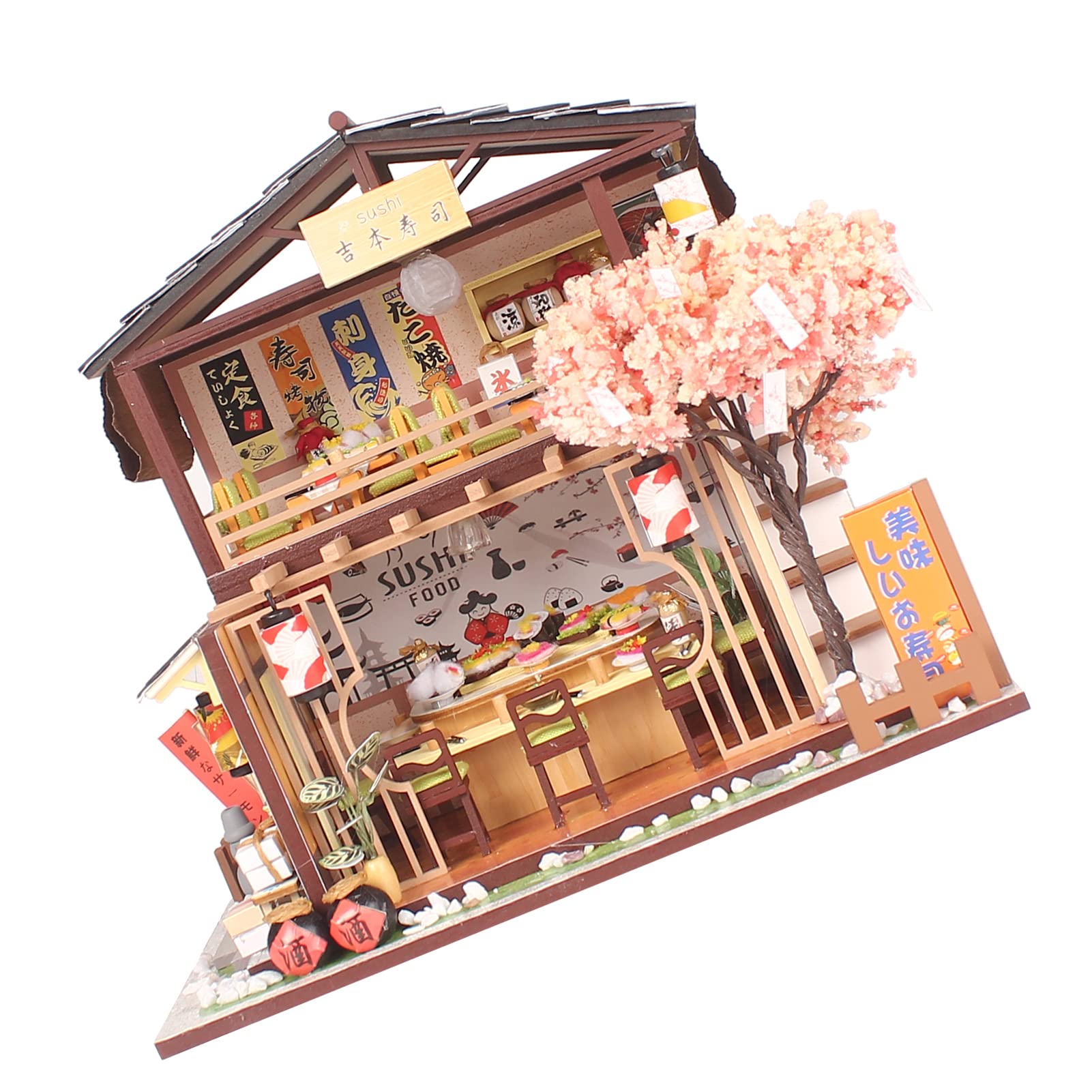 Generic Model Sklepu z Sushi dla Majsterkowiczów Wykwintna Drewniana Japońska Zabawka do Montażu LED dla Dorosłych Nastolatki, Miniaturowe Meble Domowe z Lipy do Kreatywnego Projektu, przyjaciół