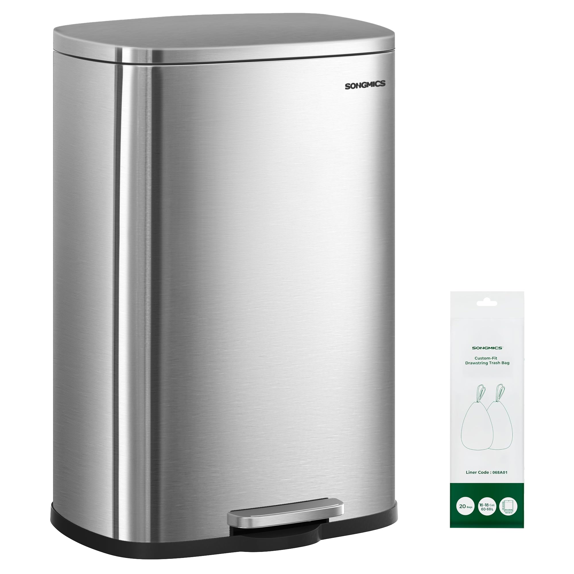 Photo 1 of ** STOCK PHOTO SIMILAR NOT EXACT *** ** VERY USED**8/2/2026 ***MINOR DAMAGE***
* SONGMICS 20-Gallon (75 L) Trash Can, Stainless Steel Kitchen Garbage Can, Recycling or Waste Bin, Soft Close, Step-On Pedal, Removable Inner Bucket, Silver ULTB075EZ01