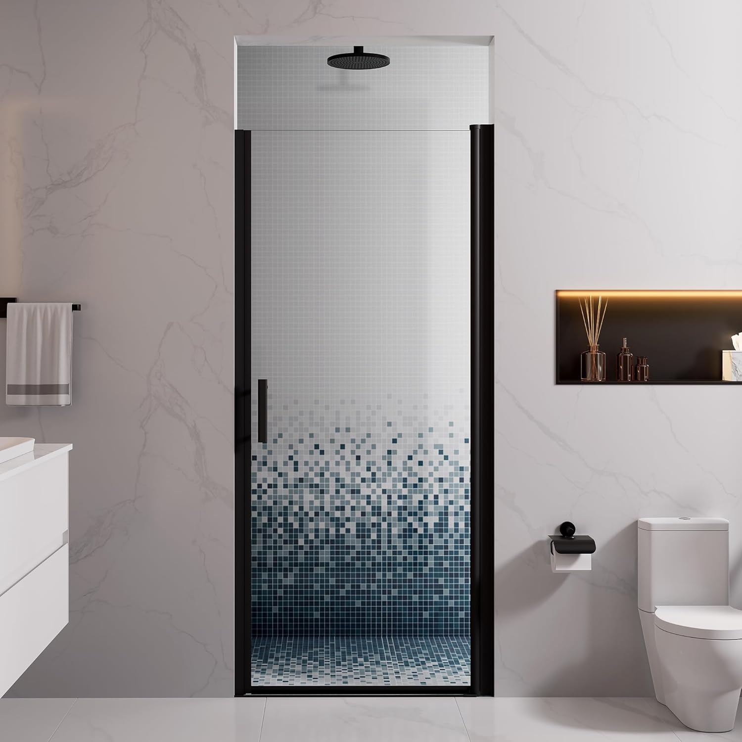 MORVANO Glass Door Pivot Glass Shower Door Adjustable 33-34 in W x 72 in H 1/4 in Clear SGCC Tempered Glass, Swing Shower Door in Matte Black Finish, Pivot Door Can Reversible Installation