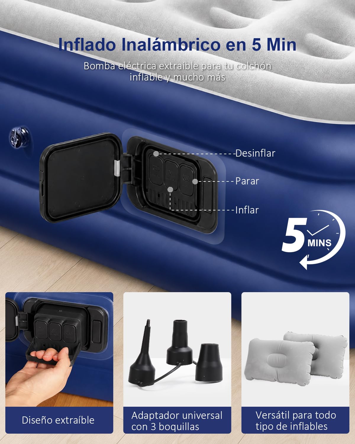 Spopal Colchón Hinchable, [200x152x40cm] Grande Colchón Inflable Equipado con Bomba Autoinflable Eléctrica, Máx 450KG, Doble Camas Hinchables para Uso doméstico y de Invitados y Camping