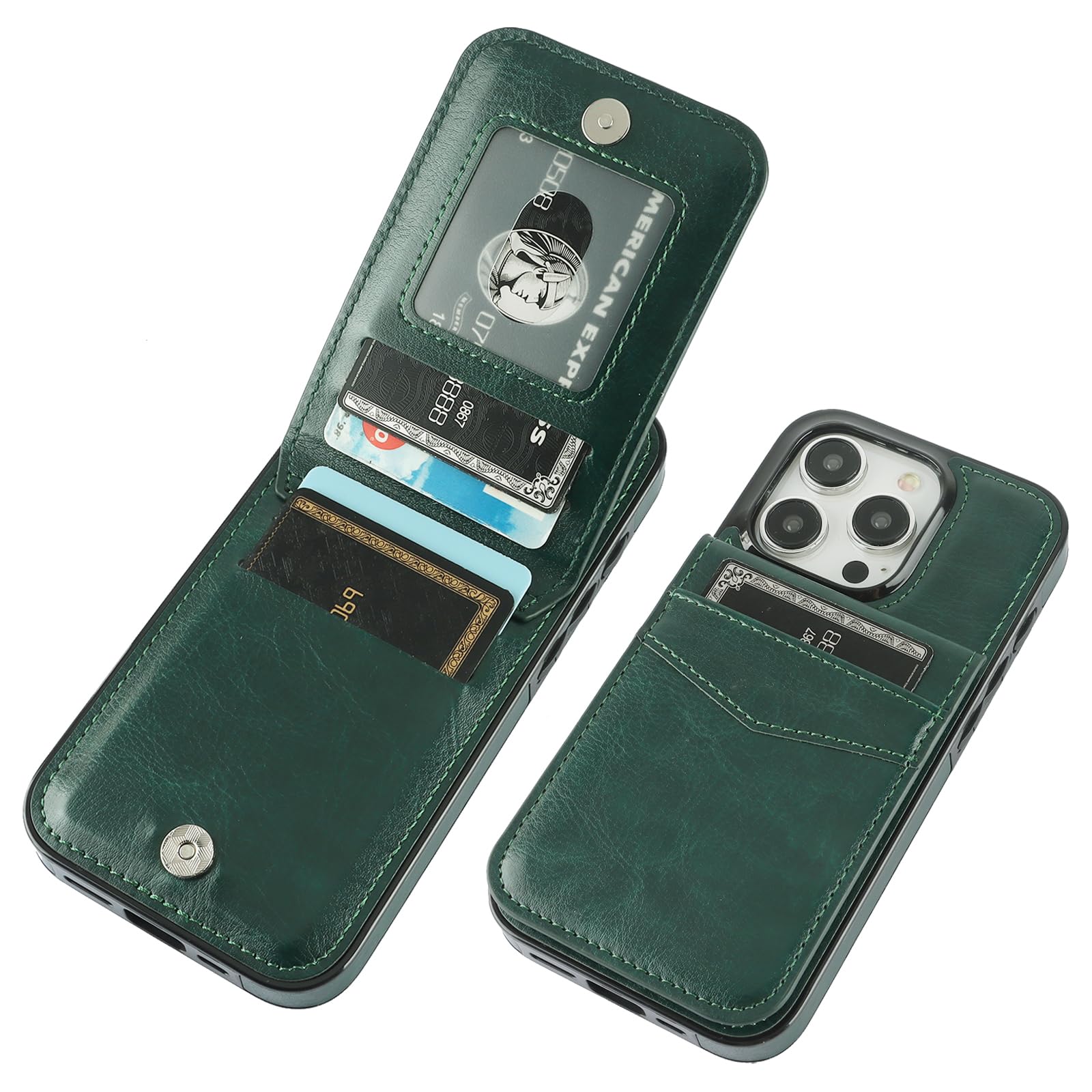 KIHUWEYCompatible with iPhone 15 Pro Case Wallet with Credit Card Holder, Flip Premium Leather Magnetic Clasp Kickstand Heavy Duty Protective Cover for iPhone 15 Pro 6.1 Inch (Dark Green)