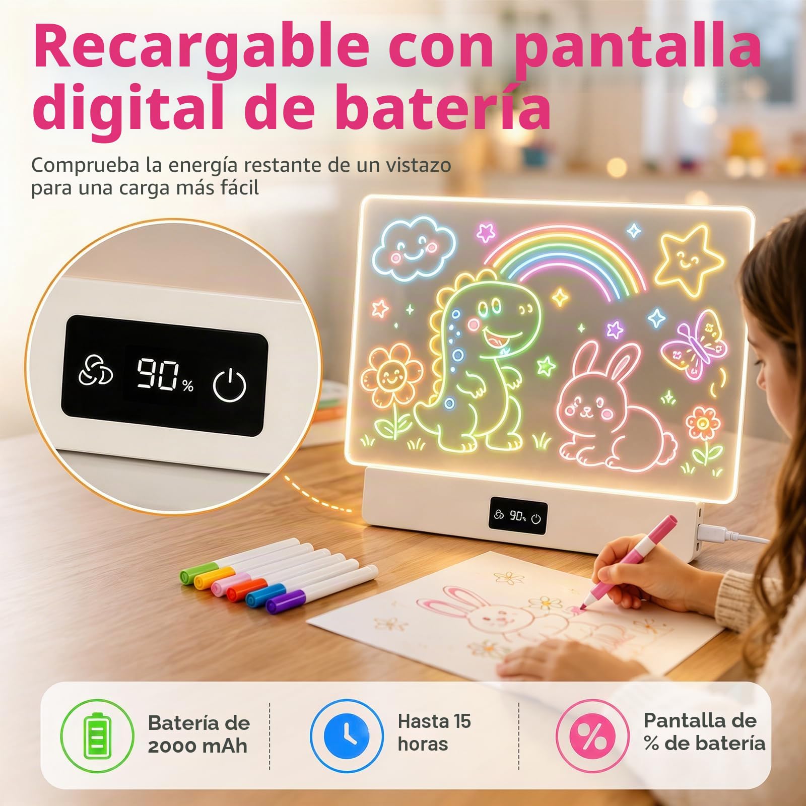 OUTON Pizarra LED para Dibujar Niños con 8 Colores y 3 Modos de Luz | Pizarra Luminosa Reutilizable con 7 Rotuladores y Plantillas, Juguete Creativo para Niña y Niño, USB-C