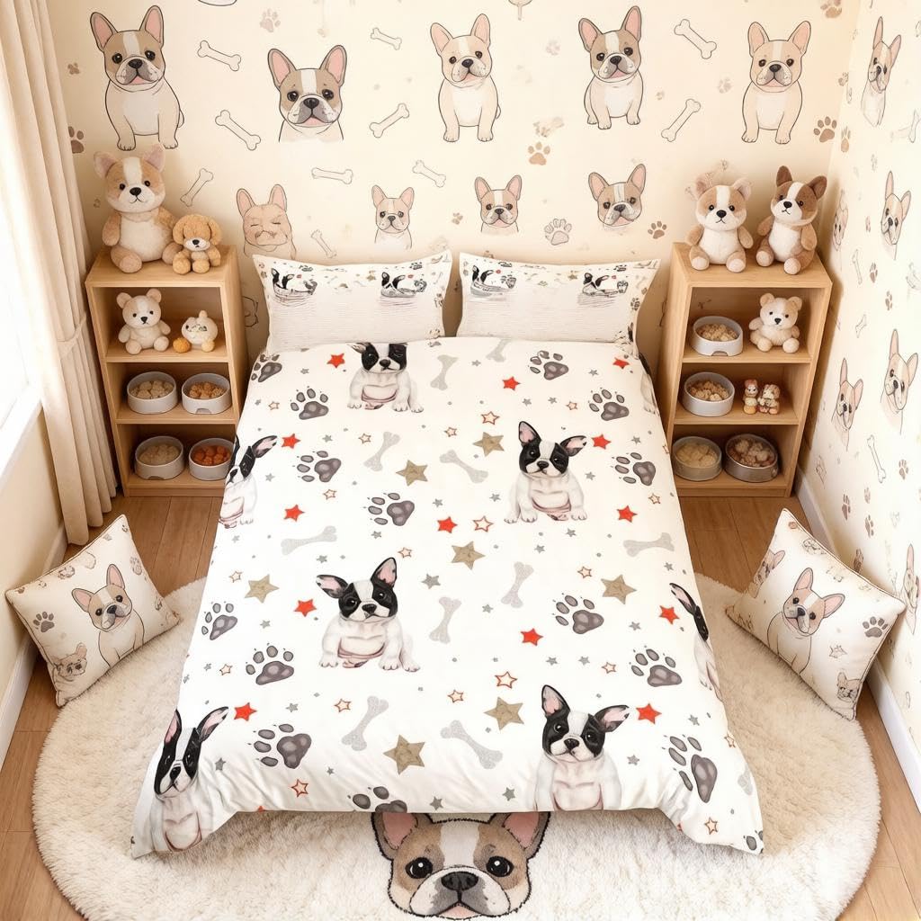 Juego de ropa de cama de Bulldog Francés, Juego de ropa de cama de perro lindo, Funda de edredón de animales 3D para niños y niñas, amantes de los perros, Funda de colcha de perro mascota, Ropa de