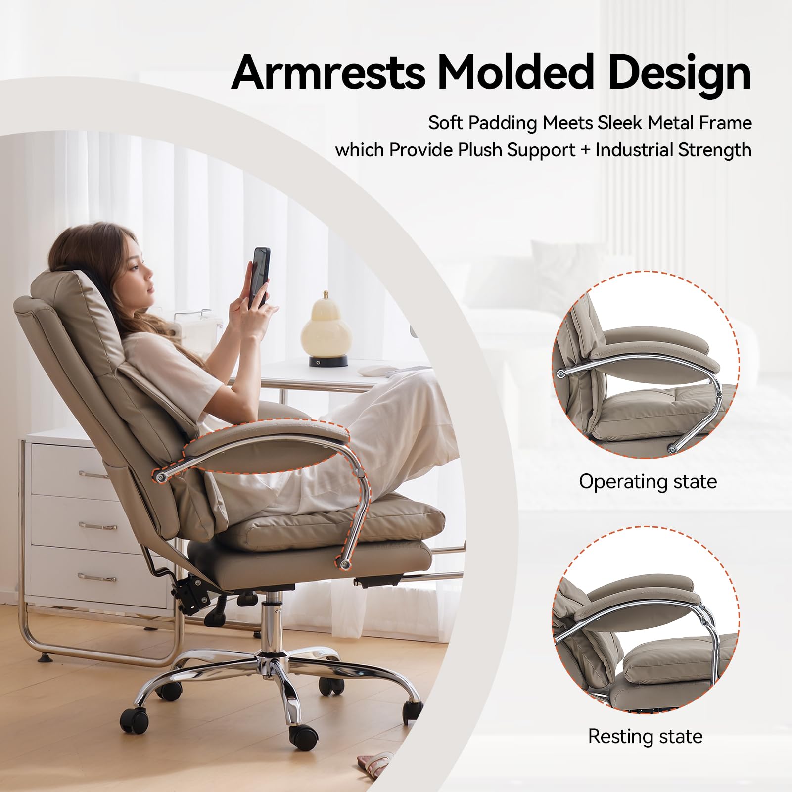 EMIAH Bürostuhl mit Fußstütze, Bequemer Schreibtischstuhl mit Gekreuzten Beinen und Armlehnen, Ergonomischer Chefsessel aus PU Leder mit Rollen, Computer Gaming Stuhl mit Verdicktem Kissen, Khaki