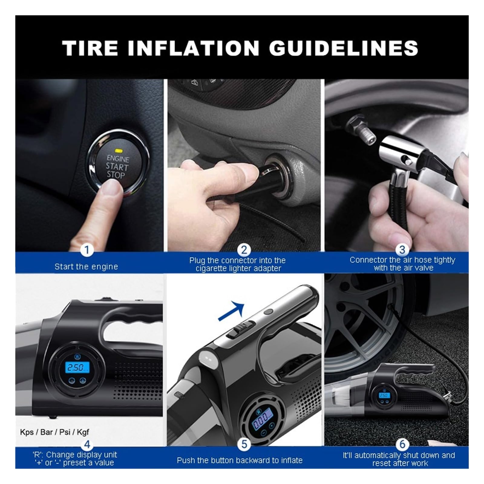 Aspiradora 4 En 1 For Coche, Inflador De Neumáticos, Manómetro, Cable, Compresor Aire, Pantalla Digital Limpieza Fácil Rápida Diversos Escenarios