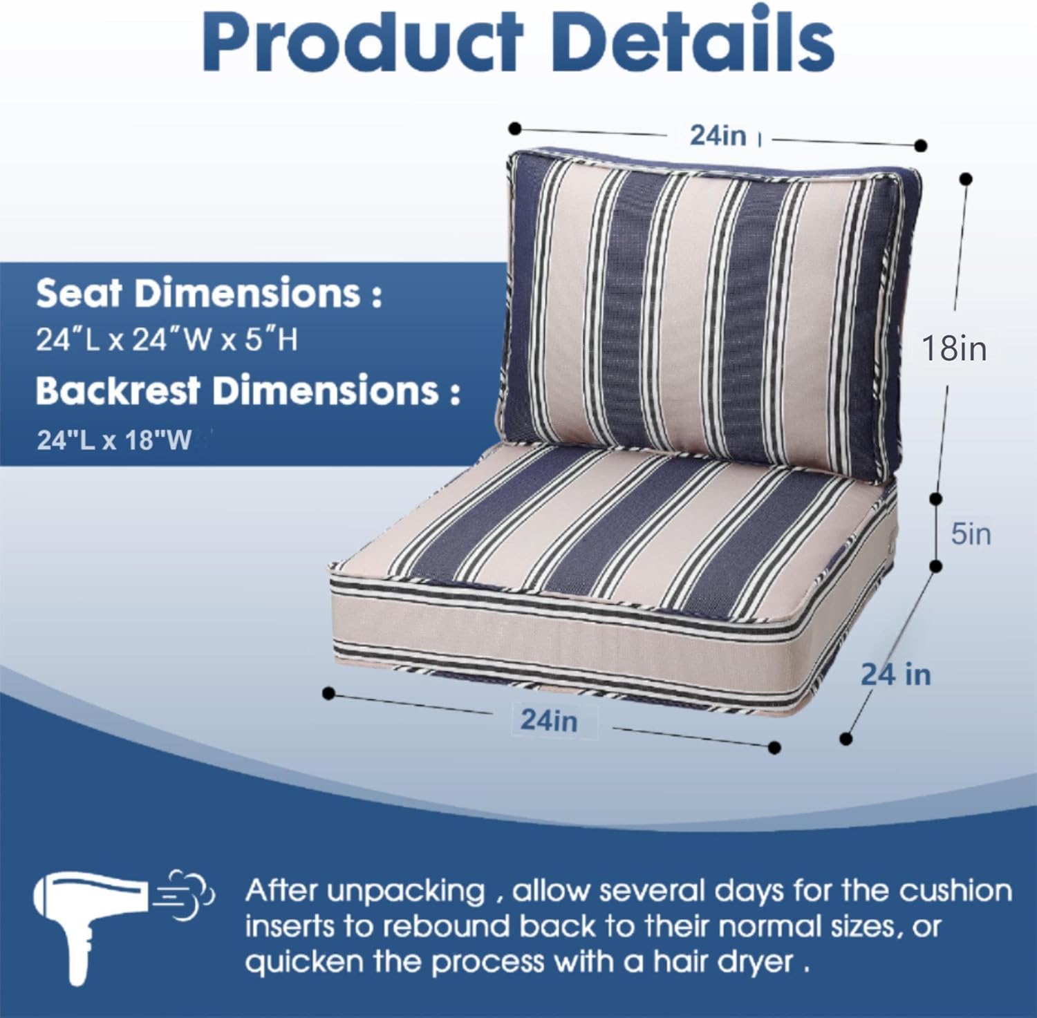 HERMOCE Outdoor Deep Seating Cushion Set, 24" x 24", Waterproof & Fade Resistant Patio Furniture Cushions with Handle, Deep Seat and Back Cushion for Chair and Sofa (1, Blue Stripe)