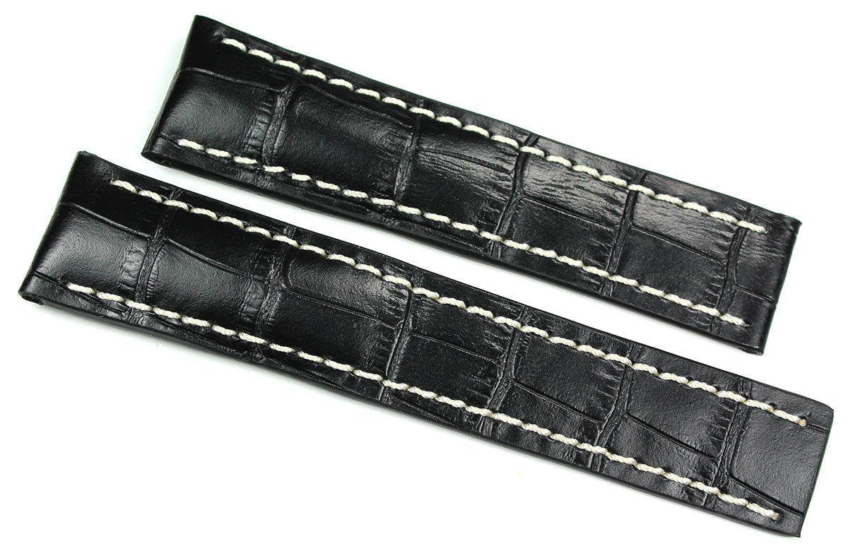 RIOS 1931 22 mm/20 mm Genuine Leather Watch Strap For Deployment Buckle Fits Breitling Germany Handmade Crocodile Embossed Black Crocodile Embossed Leather Alligator Watch Strap