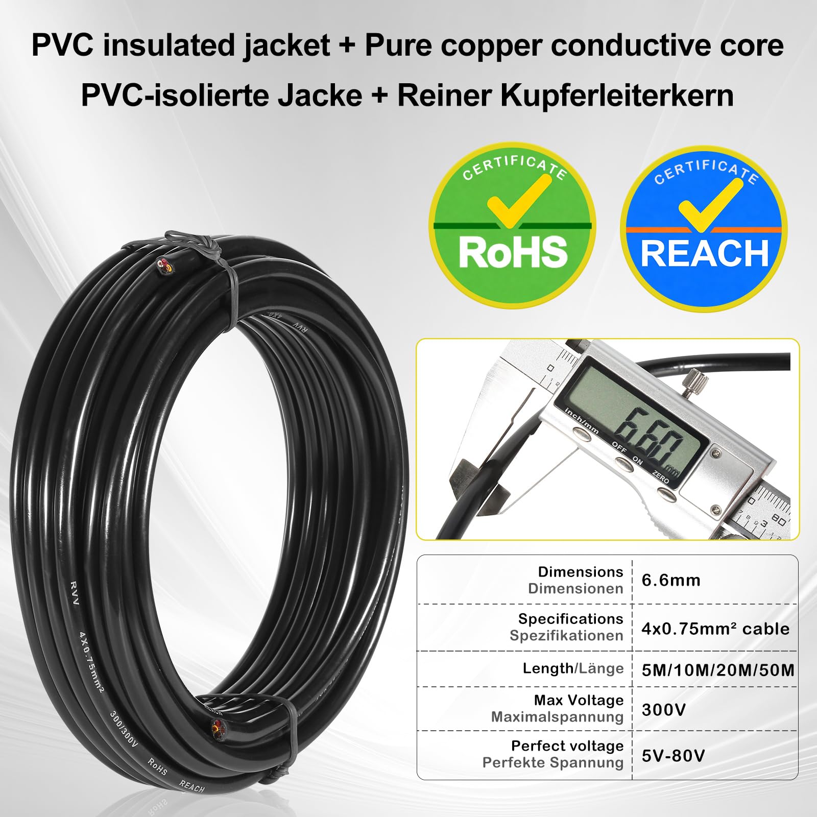D-TECH Cable de vehículo 4 núcleos 15M, Cable Redondo de 4 Hilos para Remolque, 5V-80V Cable Luces Remolque 4 Pines,Cable de Coche 4 Polos 0,75mm²