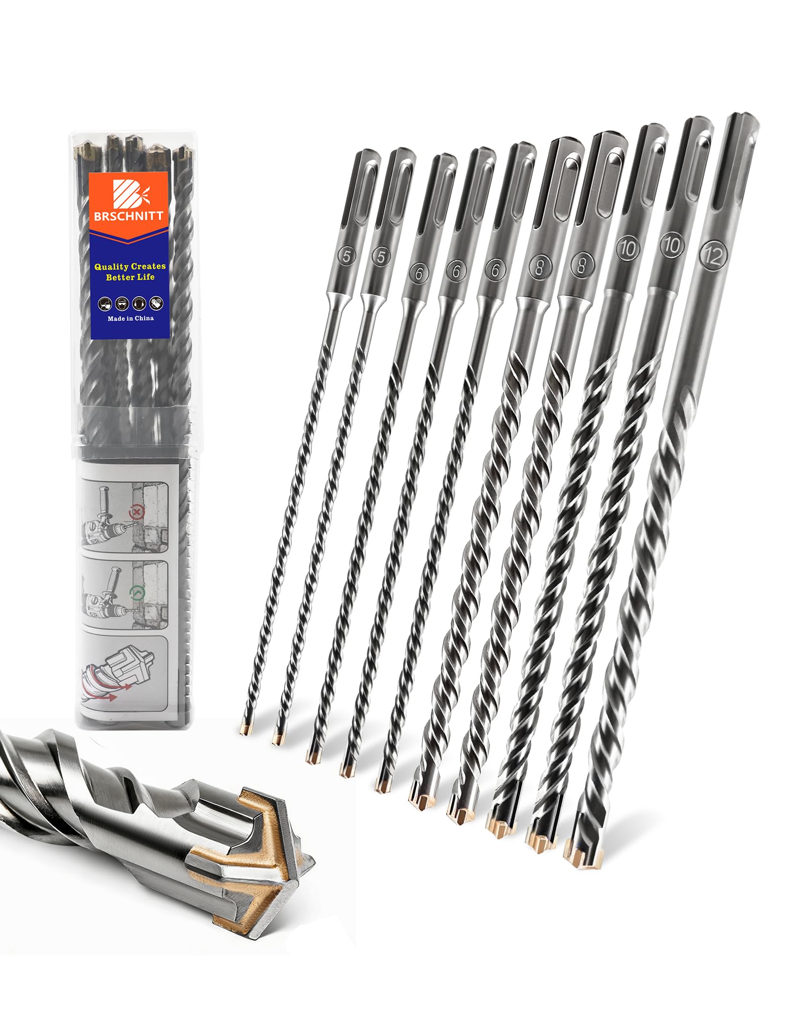 Juego de Brocas SDS Plus - 5 * 2/6 * 3/8 * 2/10 * 2/12mm x 210mm Juego de Brocas para Hormigón,Profesional Brocas de Cruceta para hormigón, ladrillo, piedra y mampostería (10 Piezas)