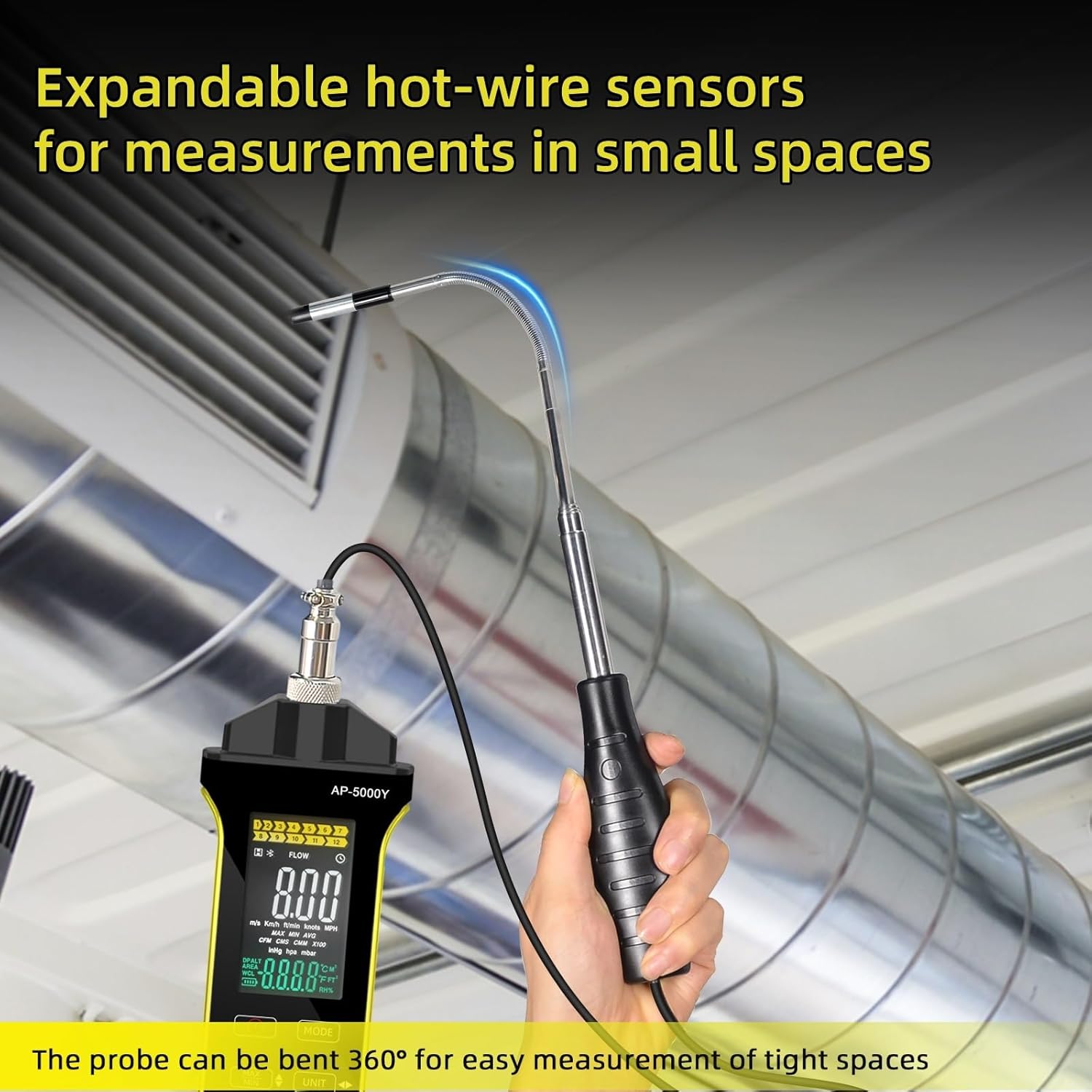 Wind Meter Wire Anemometer with Telescopic Probe, USB Data Export, Temperature and Humidity Air Flow Velocity, HP-5000Y(5000K)
