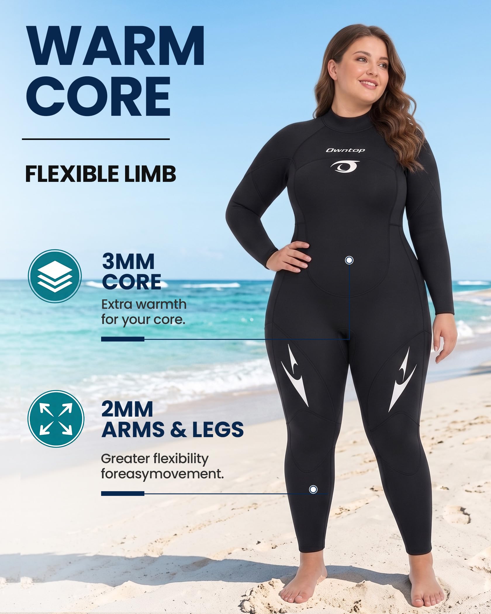 Owntop Combinaison de plongée thermique en néoprène de 3/2 mm avec fermeture éclair dans le dos pour homme et femme, pour plongée en eau froide et surf